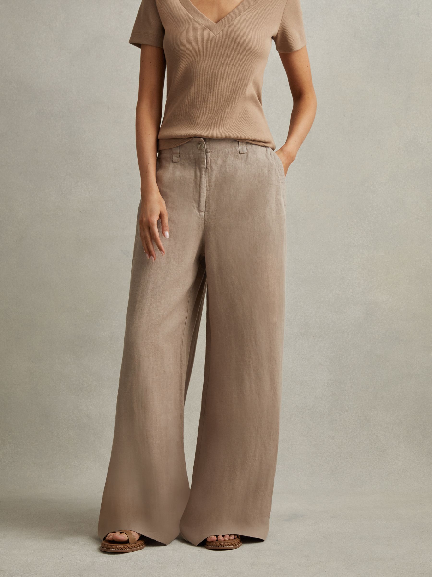 Petite Linen Wide Leg Garment Dyed Trousers in Mink Neutral - Image 2 of 7