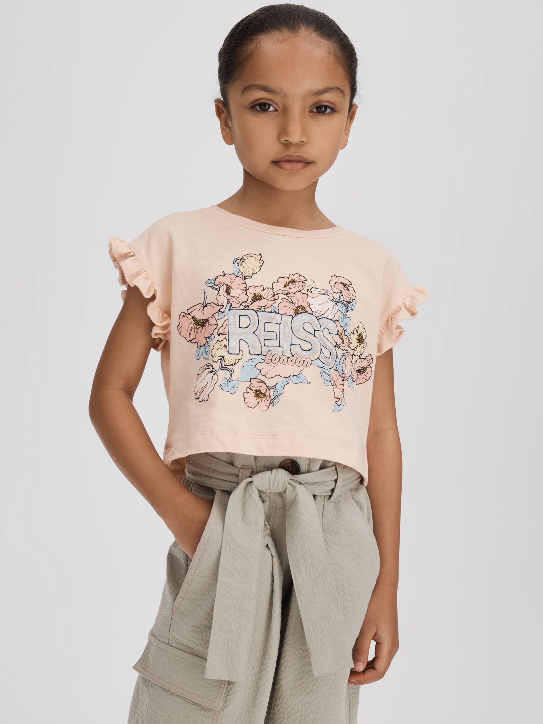 4-9 yrs Ruffle Sleeve Cropped Motif T-Shirt in Pink - Image 1 of 6 4-9 yrs Ruffle Sleeve Cropped Motif T-Shirt in Pink - Image 1 of 6
