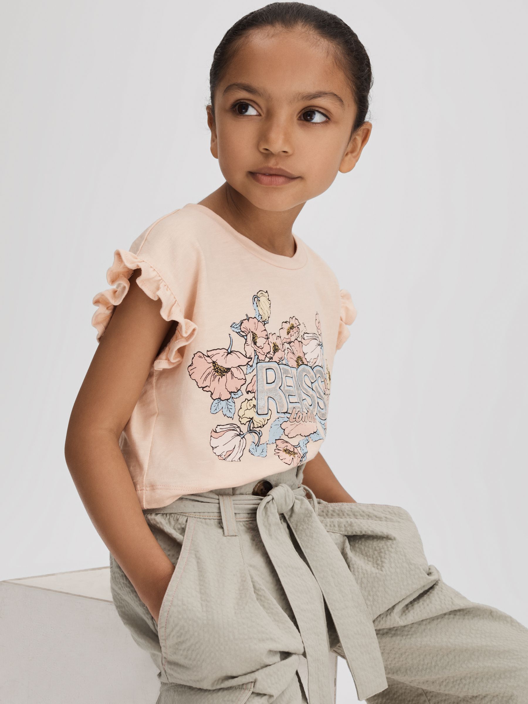 4-9 yrs Ruffle Sleeve Cropped Motif T-Shirt in Pink - Image 4 of 6