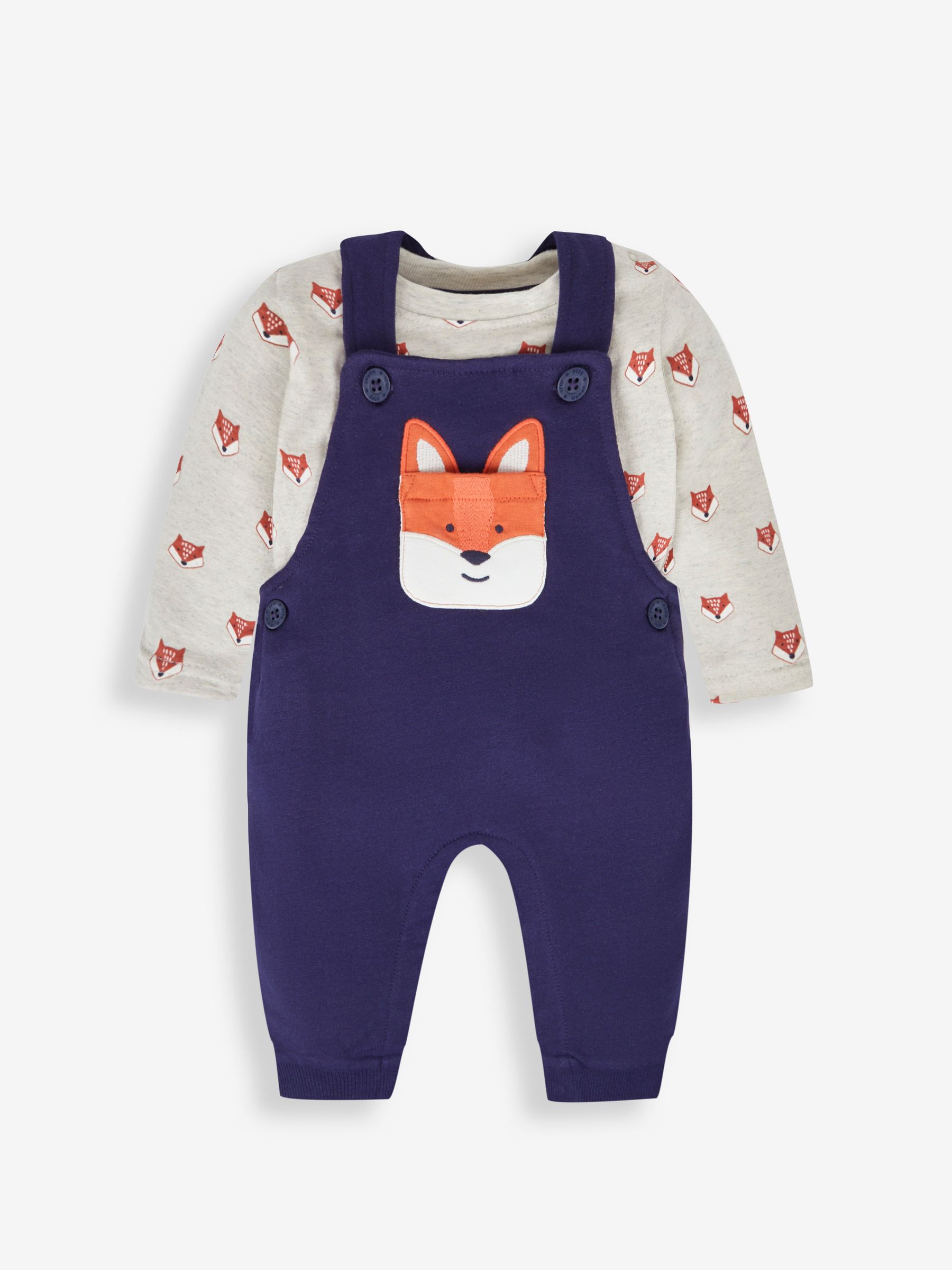Navy Blue Fox Boys' Sausage Dog Appliqué Pocket Dungarees & Top Set - Image 1 of 6