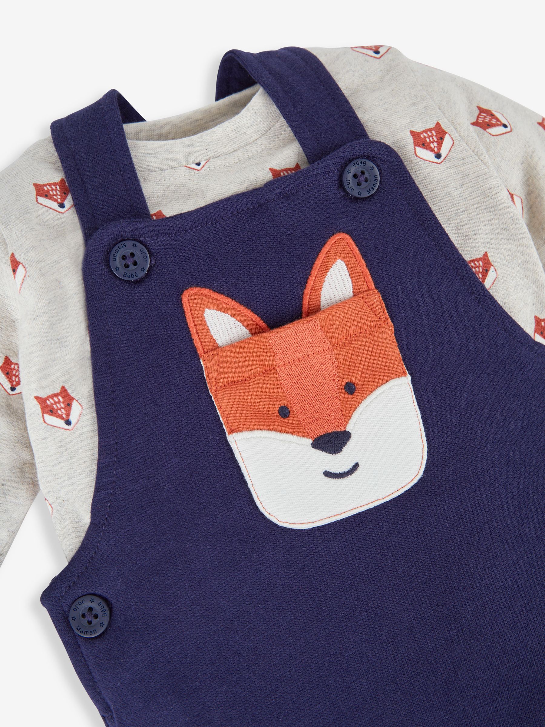 Navy Blue Fox Boys' Sausage Dog Appliqué Pocket Dungarees & Top Set - Image 4 of 6
