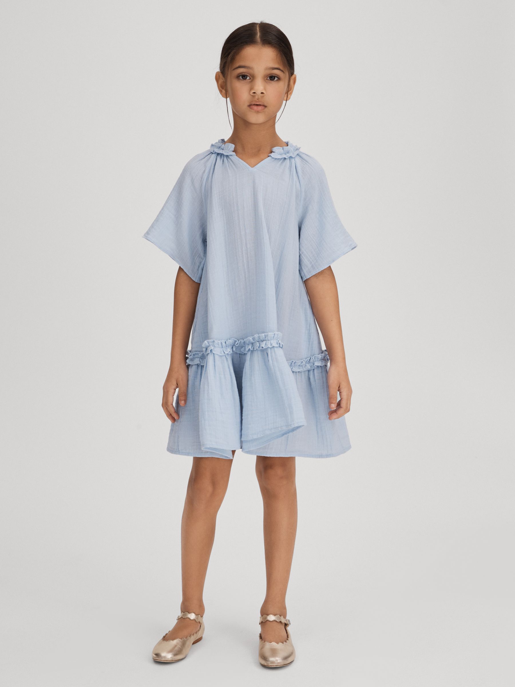 4-9 yrs Seersucker Cotton Ruffle Dress in Blue - Image 1 of 7