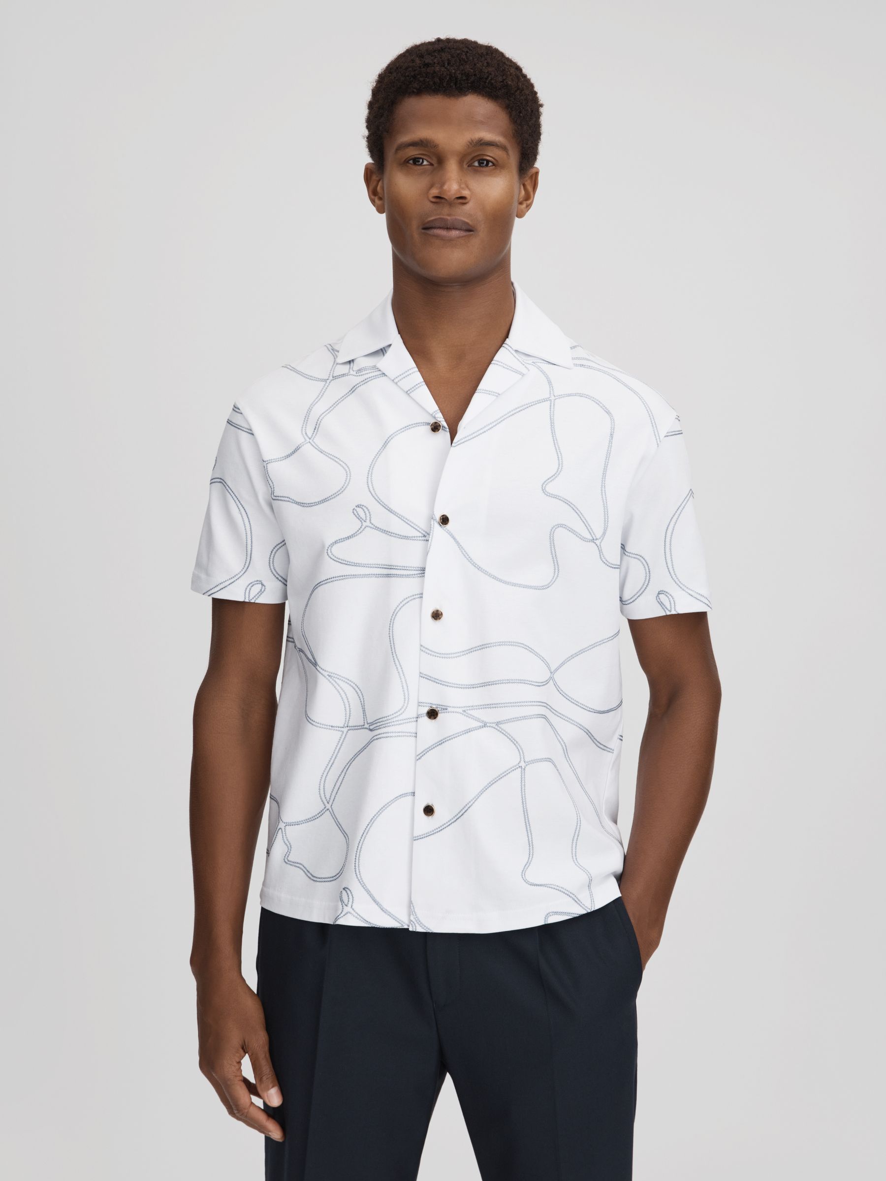 Cotton Jersey Embroidered Shirt in White/Airforce Blue - Image 1 of 6