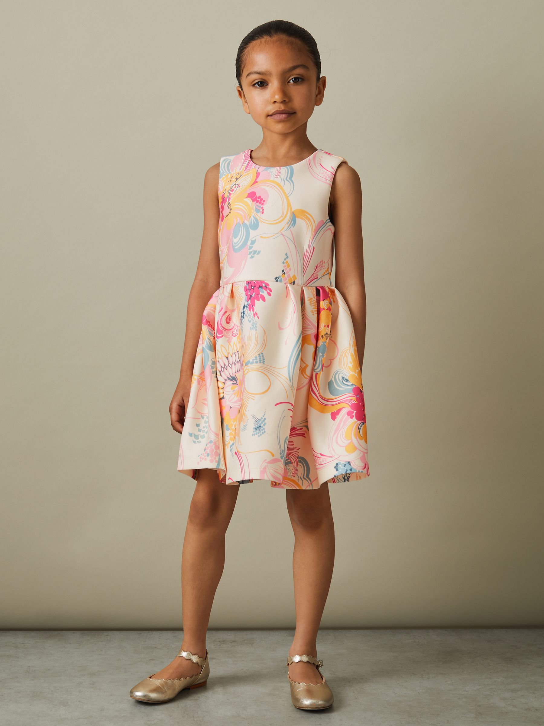 9-13 yrs Pleated Scuba Dress in Pink Print - Image 1 of 5