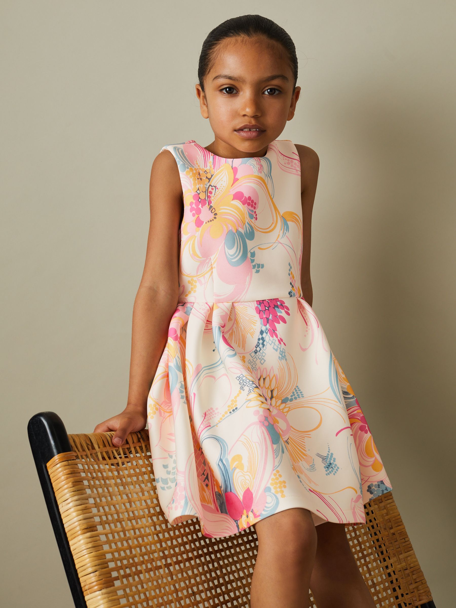 9-13 yrs Pleated Scuba Dress in Pink Print - Image 3 of 5