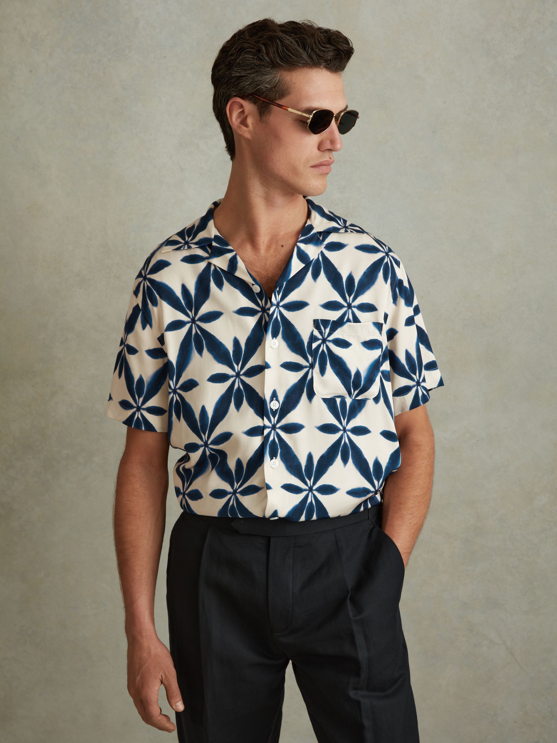 Relaxed Printed Cuban Collar Shirt in Ecru/Navy - Image 1 of 5