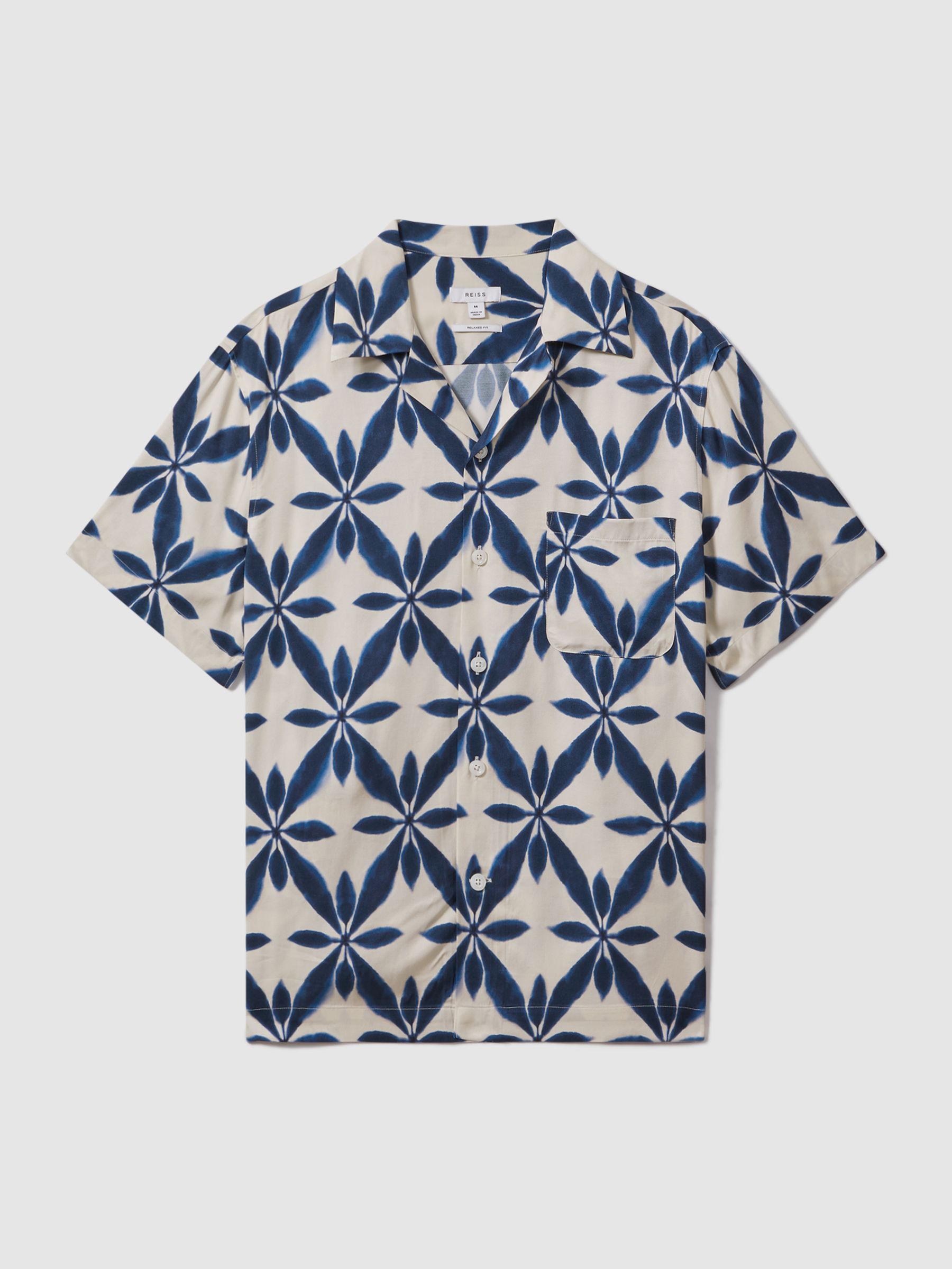 Relaxed Printed Cuban Collar Shirt in Ecru/Navy - Image 2 of 5 Relaxed Printed Cuban Collar Shirt in Ecru/Navy - Image 2 of 5