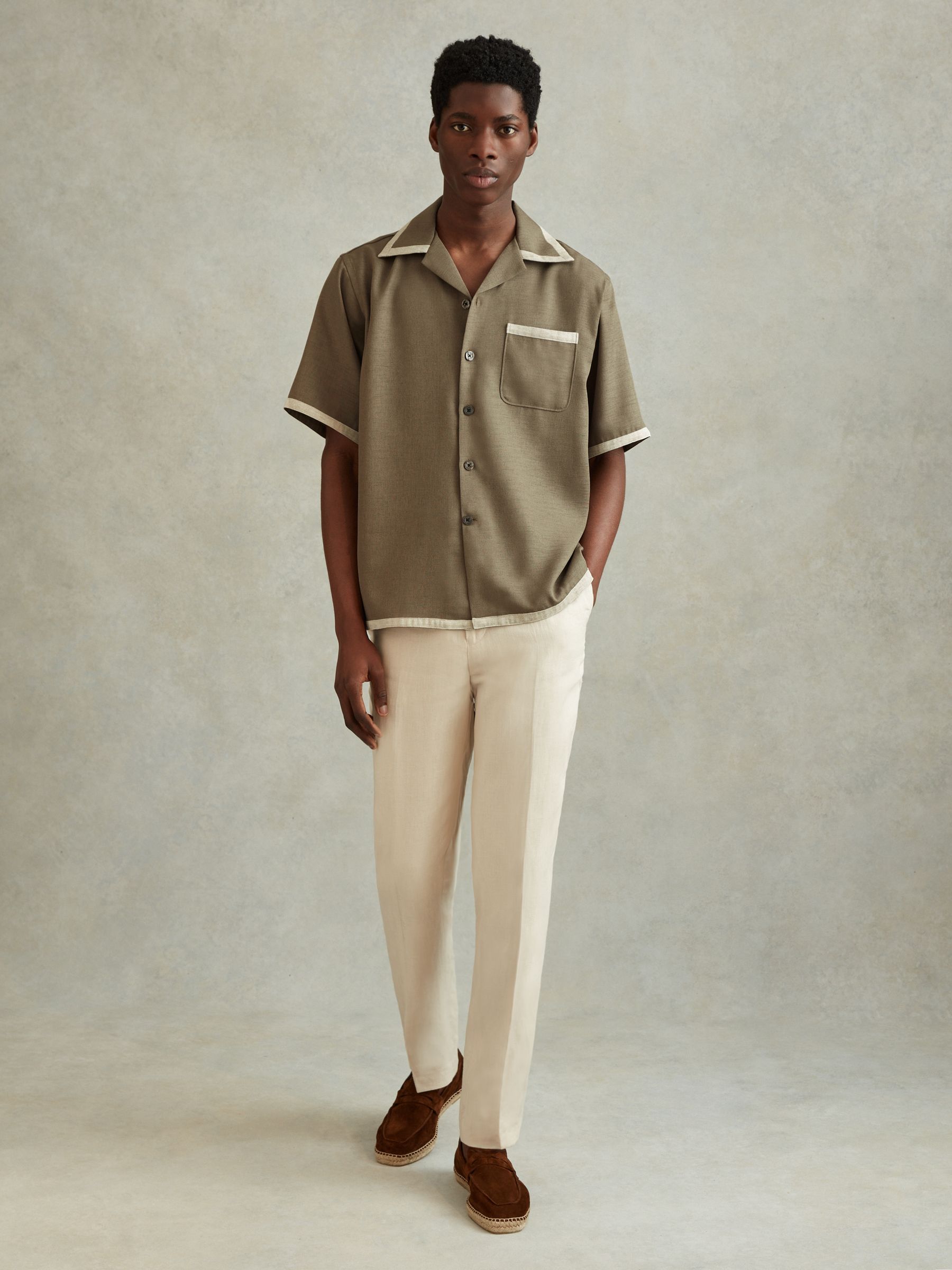 Contrast Trim Cuban Collar Shirt in Sage/White - Image 3 of 6