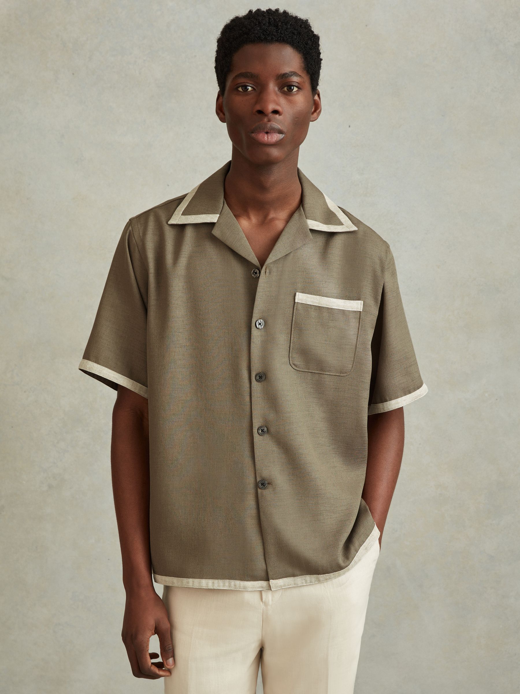 Contrast Trim Cuban Collar Shirt in Sage/White - Image 4 of 6