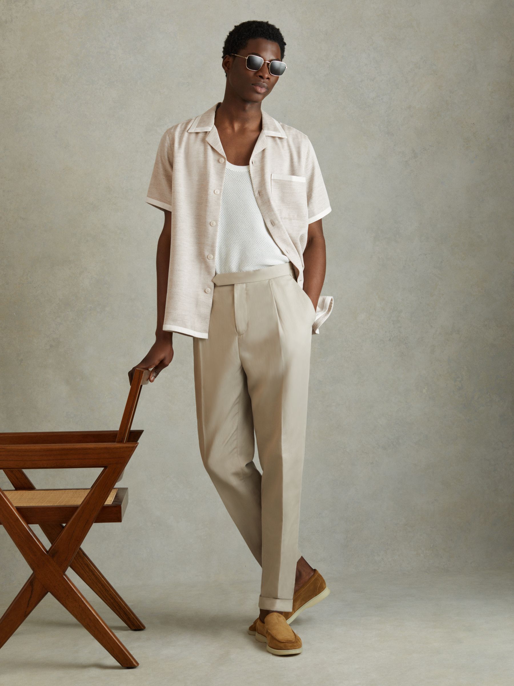 Contrast Trim Cuban Collar Shirt in Oatmeal/White - Image 1 of 6