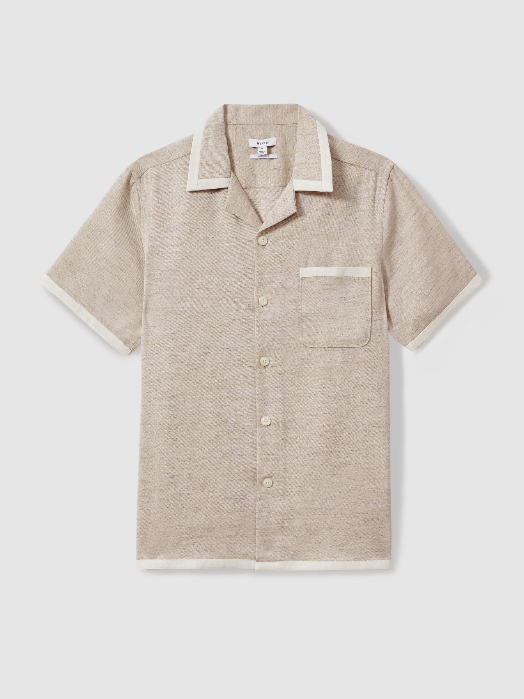 Contrast Trim Cuban Collar Shirt in Oatmeal/White - Image 2 of 6