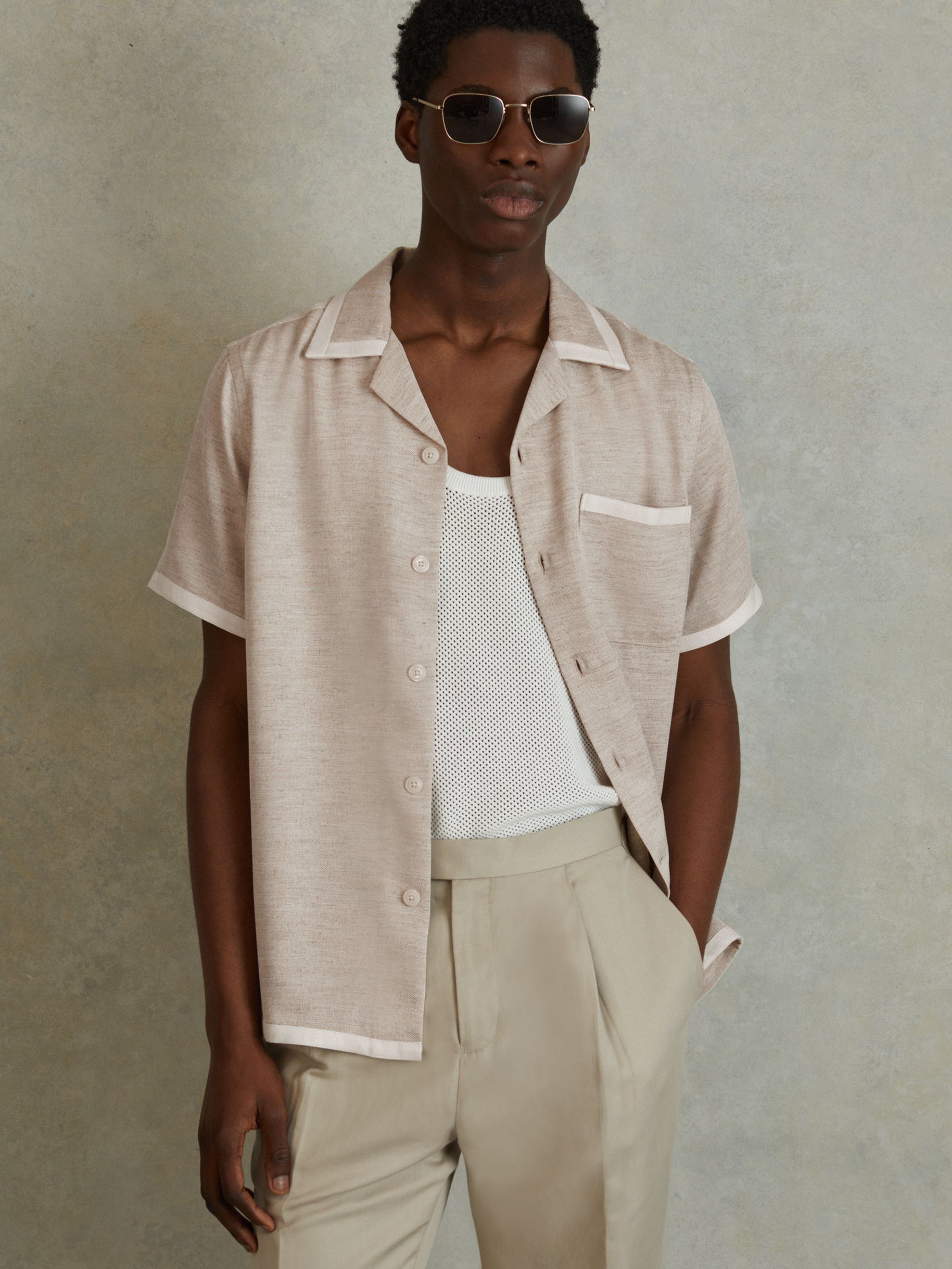 Contrast Trim Cuban Collar Shirt in Oatmeal/White - Image 3 of 6