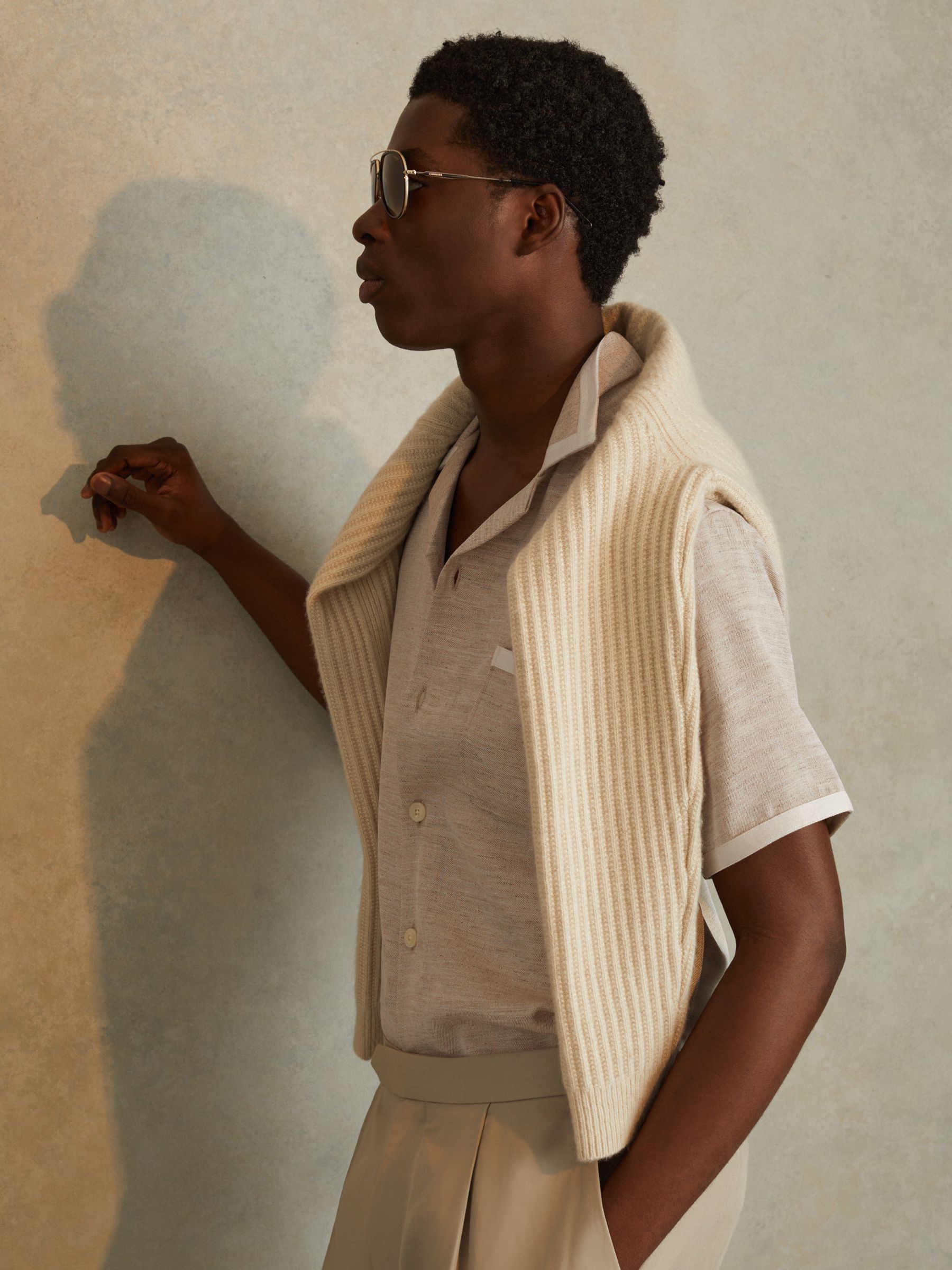 Contrast Trim Cuban Collar Shirt in Oatmeal/White - Image 4 of 6