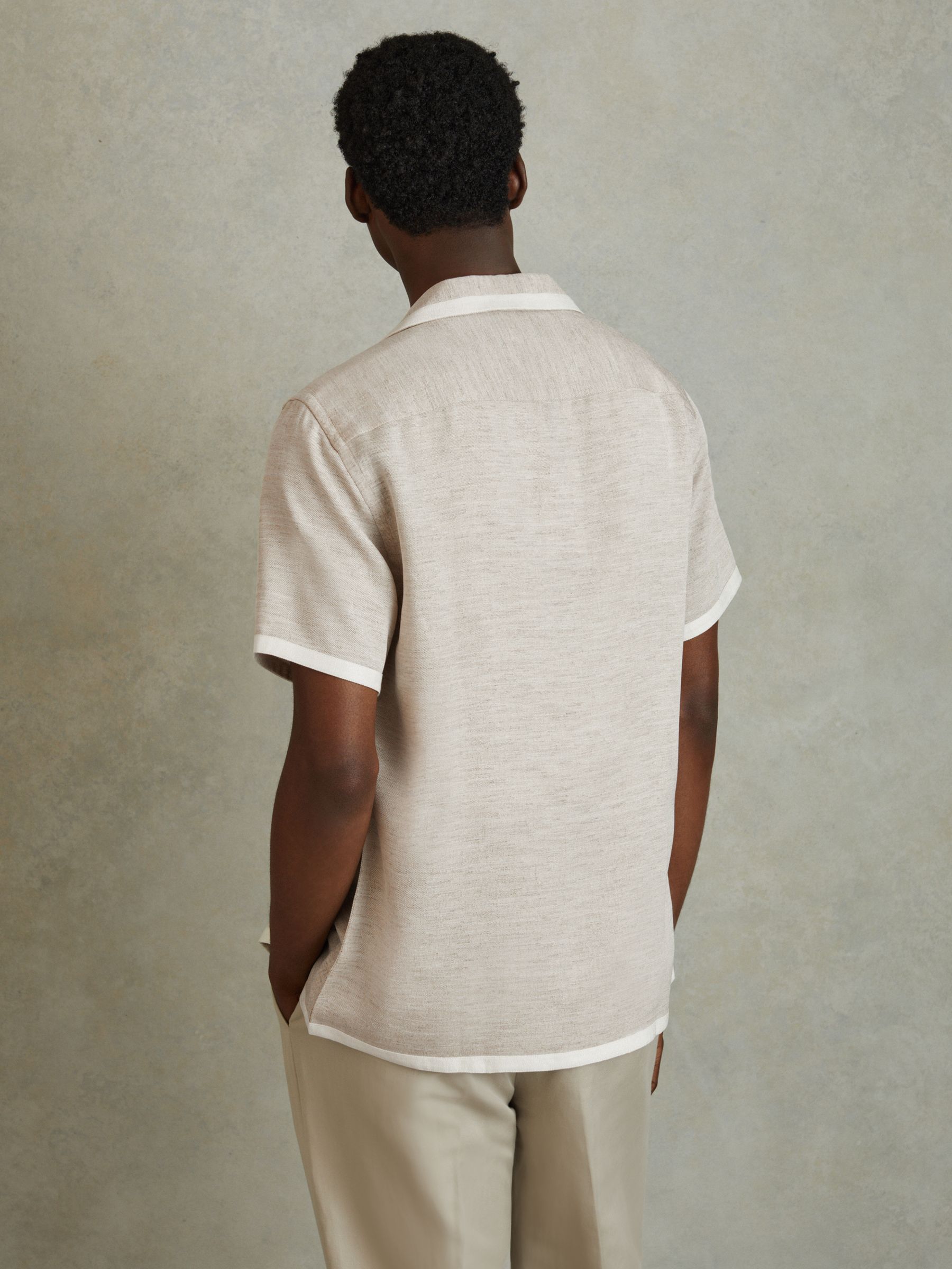 Contrast Trim Cuban Collar Shirt in Oatmeal/White - Image 5 of 6