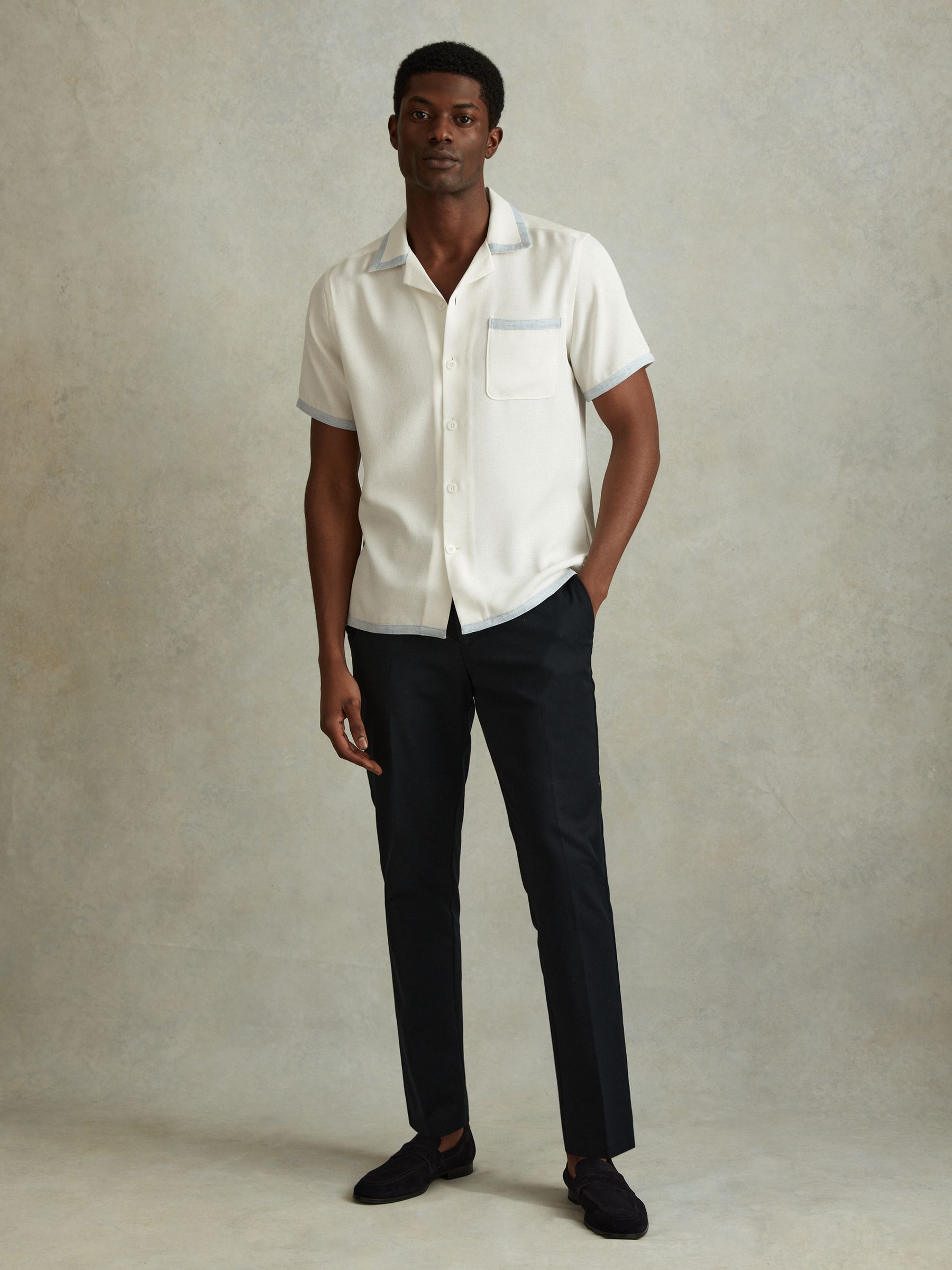 Contrast Trim Cuban Collar Shirt in Ecru/Soft Blue - Image 1 of 5