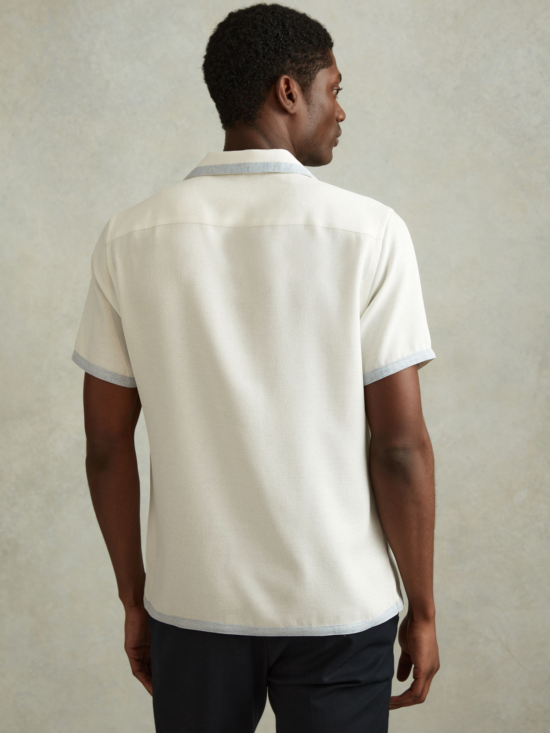 Contrast Trim Cuban Collar Shirt in Ecru/Soft Blue - Image 4 of 5
