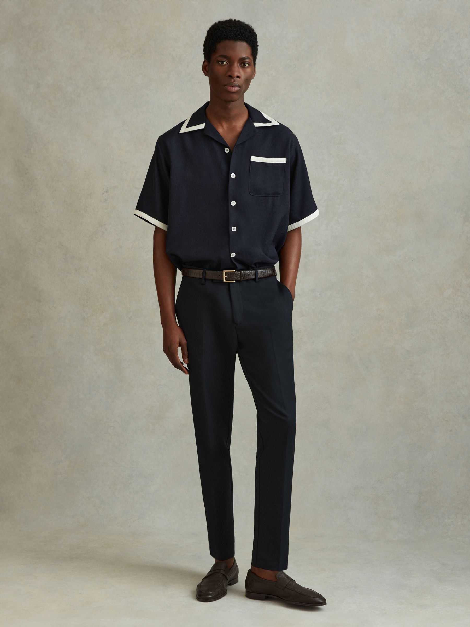 Contrast Trim Cuban Collar Shirt in Navy/Ecru - Image 1 of 6