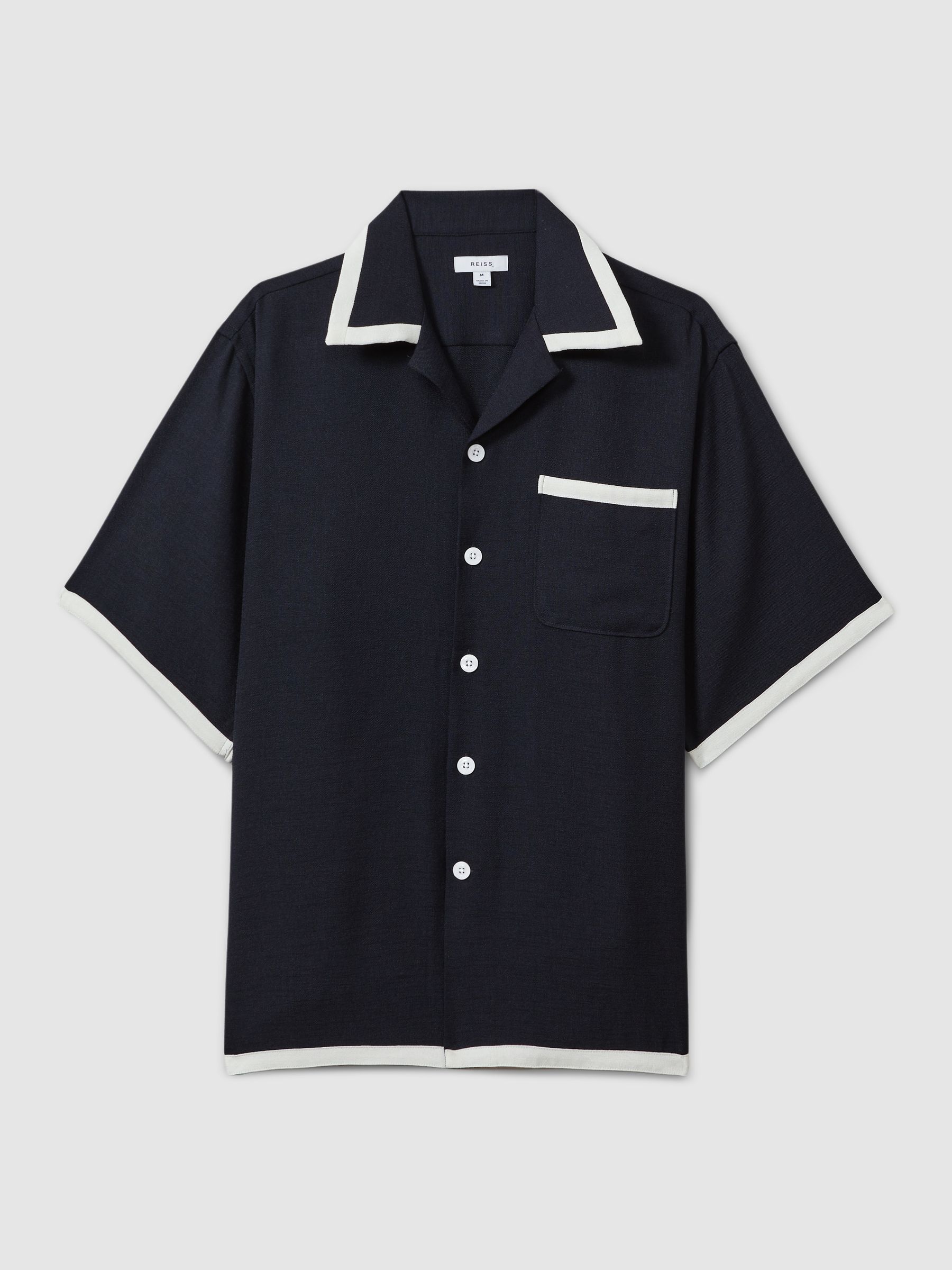 Contrast Trim Cuban Collar Shirt in Navy/Ecru - Image 2 of 6
