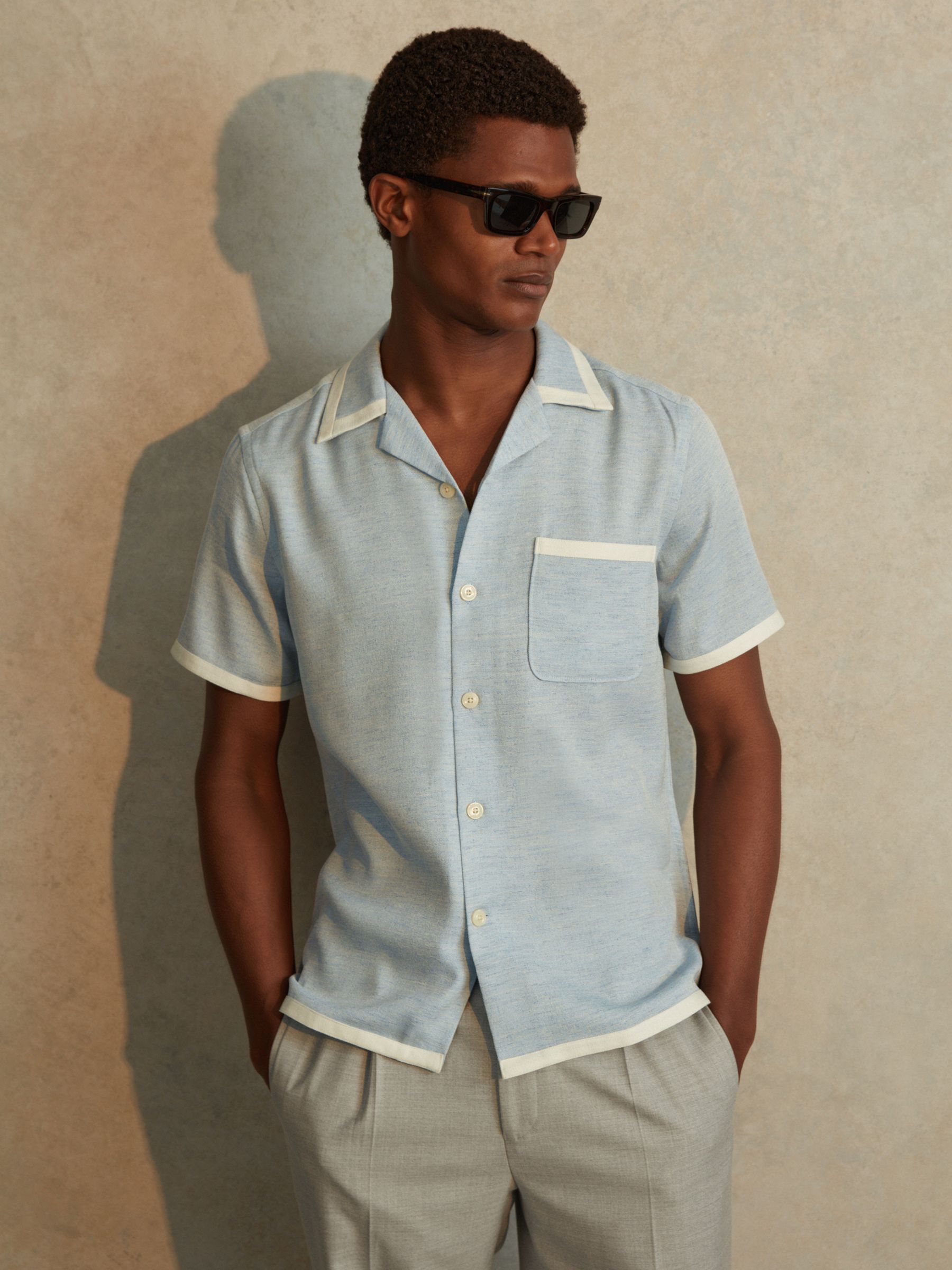 Contrast Trim Cuban Collar Shirt in Soft Blue/White - Image 1 of 6