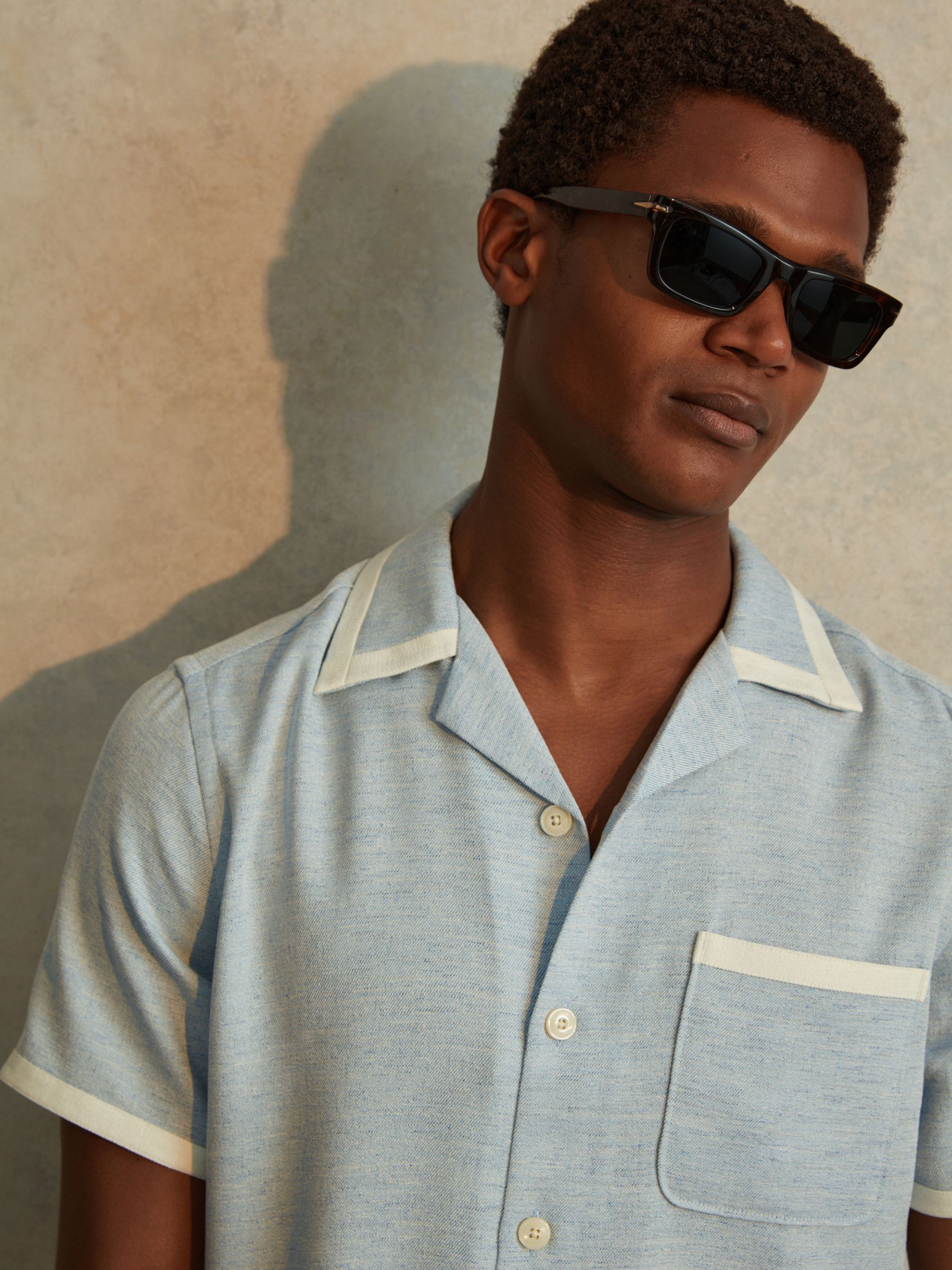 Contrast Trim Cuban Collar Shirt in Soft Blue/White - Image 4 of 6
