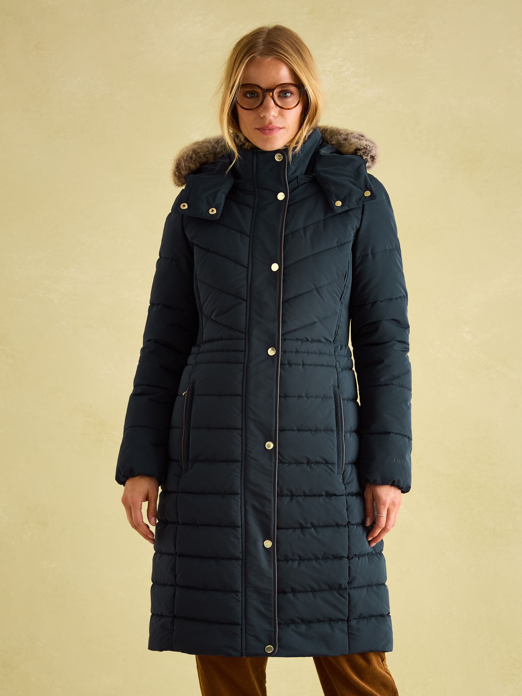 Cherington Navy Showerproof Longline Padded Coat with Faux Fur Hood - Image 1 of 8