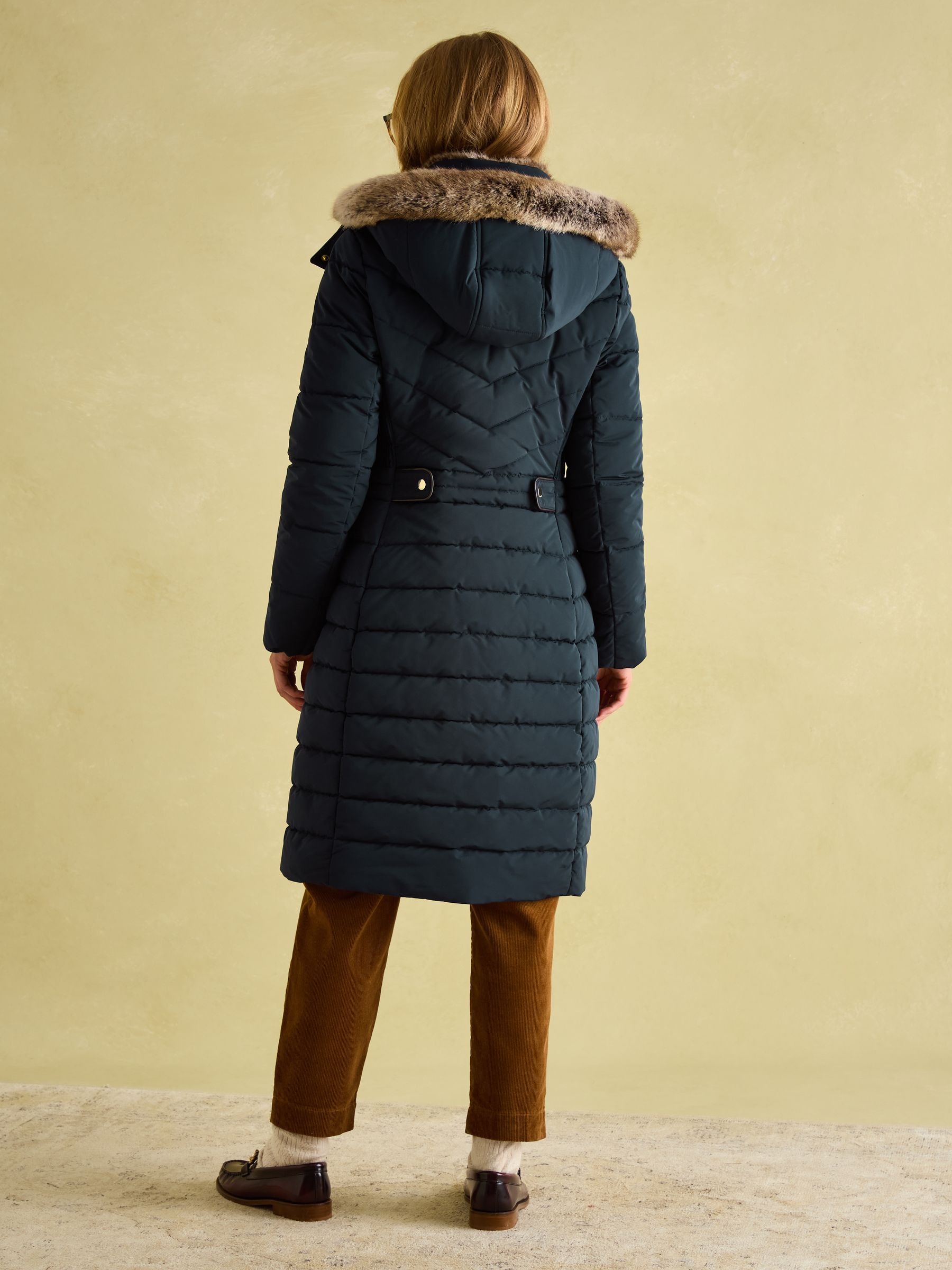 Cherington Navy Showerproof Longline Padded Coat with Faux Fur Hood - Image 2 of 8
