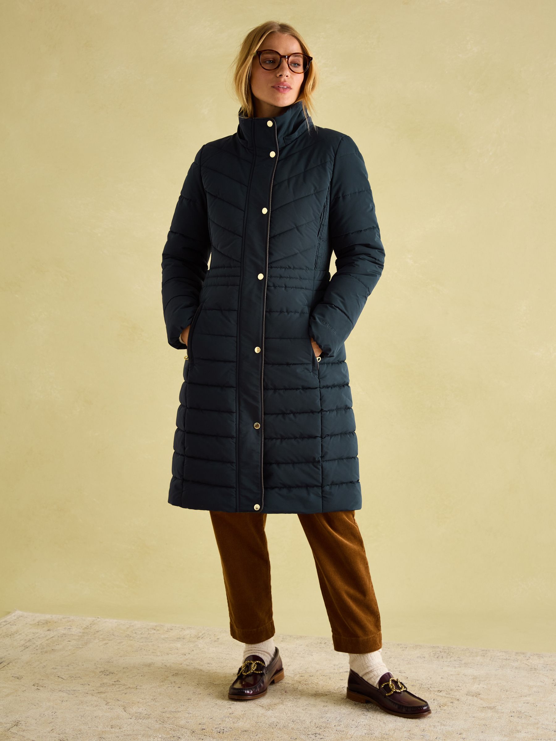 Cherington Navy Showerproof Longline Padded Coat with Faux Fur Hood - Image 3 of 8