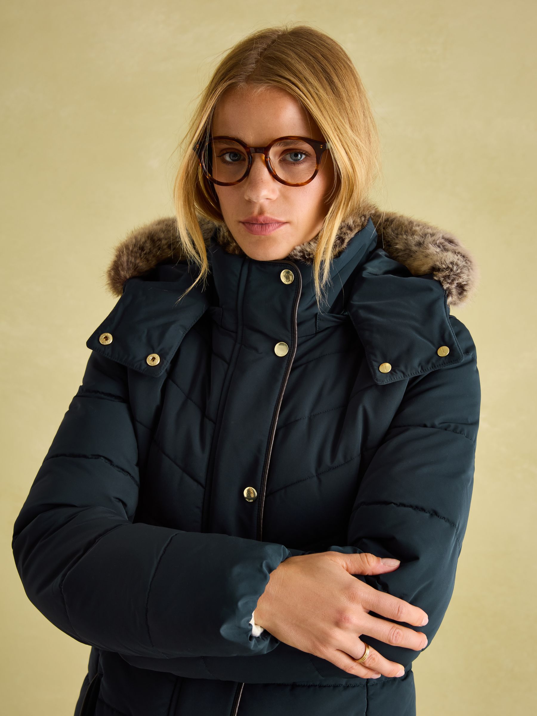 Cherington Navy Showerproof Longline Padded Coat with Faux Fur Hood - Image 4 of 8
