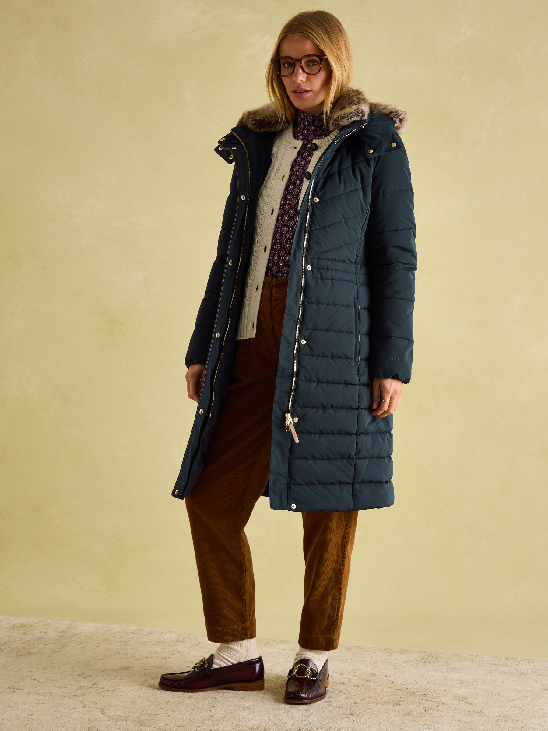 Cherington Navy Showerproof Longline Padded Coat with Faux Fur Hood - Image 6 of 8