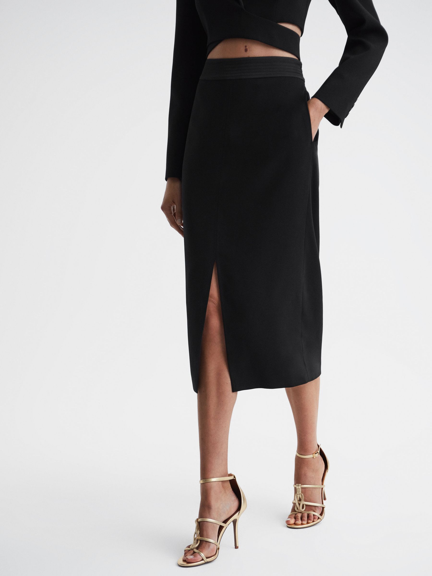 Satin Fitted Midi Skirt in Black - Image 3 of 4