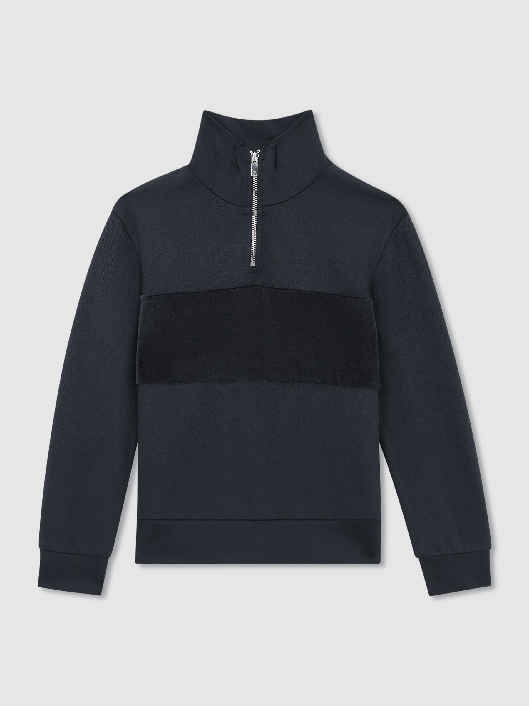 9-13 yrs Slim Fit Half-Zip Funnel Neck Velour Sweatshirt in Navy - Image 2 of 5