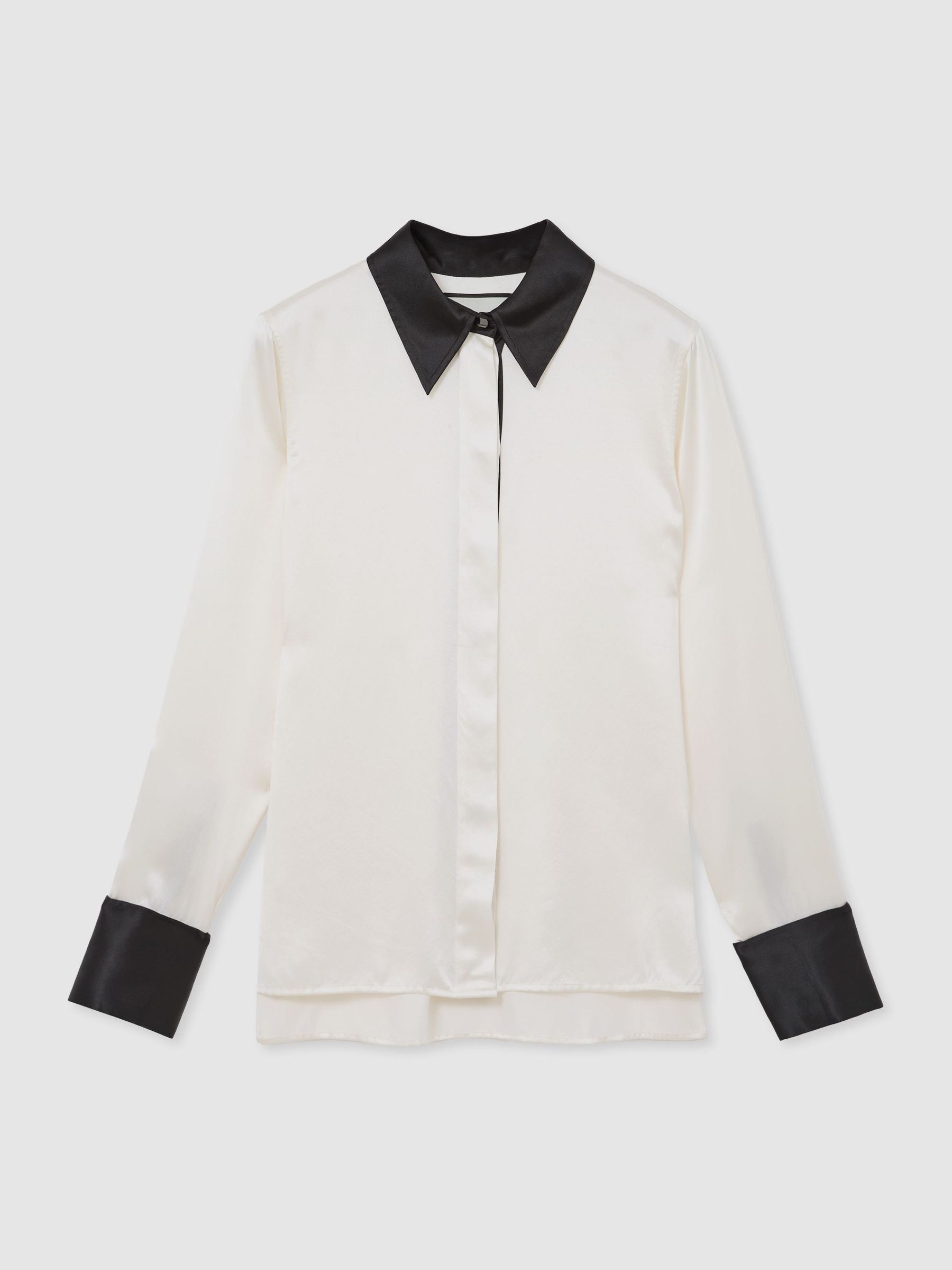 Silk-Satin Tipped Concealed-Placket Shirt in Ivory/Black - 圖片 2/5