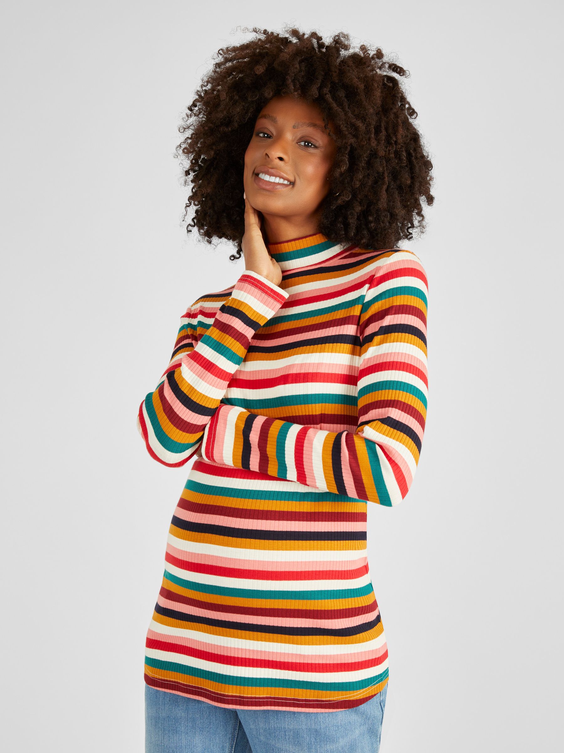 Multi Stripe Ribbed Jersey Polo Neck Top - Image 1 of 4
