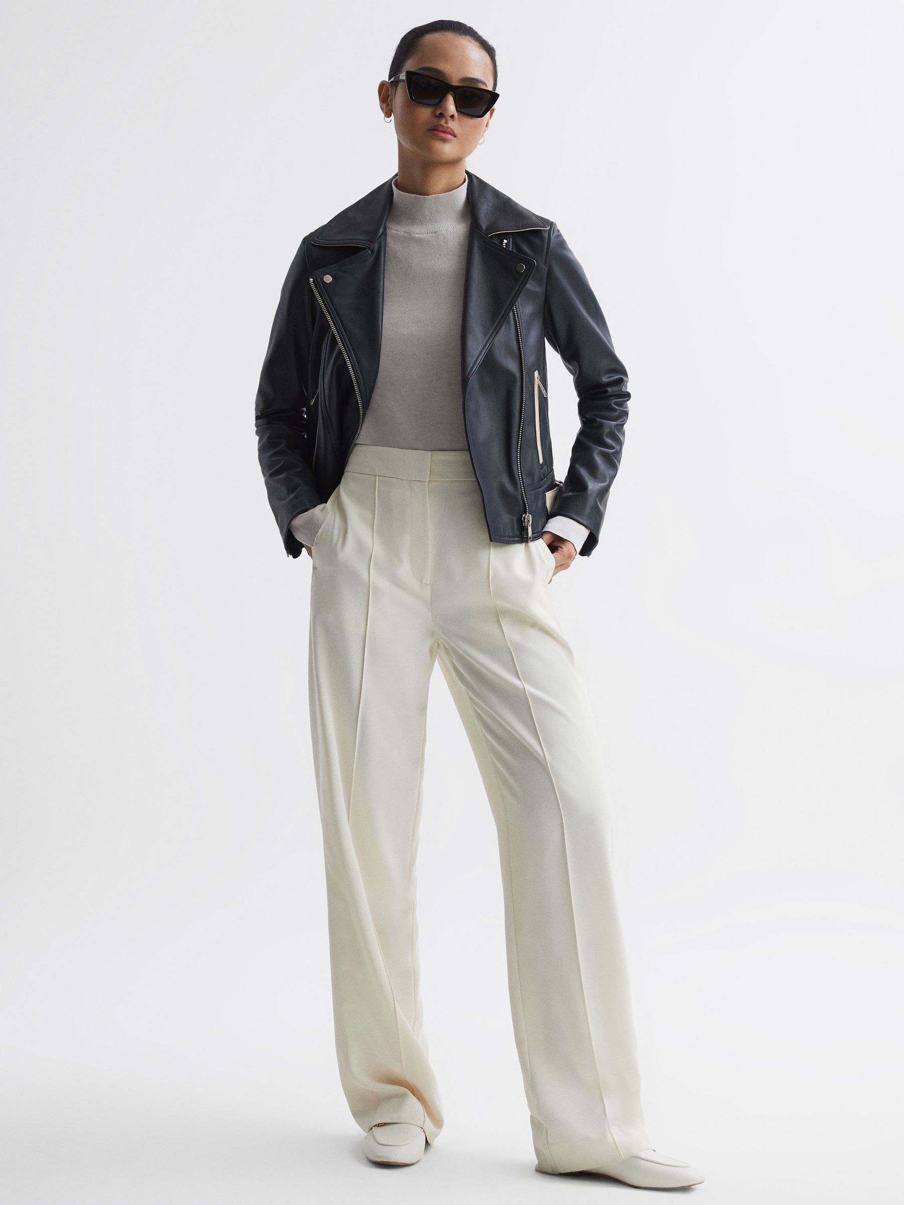 Leather Zip-Through Biker Jacket in Navy - Image 1 of 5 Leather Zip-Through Biker Jacket in Navy - Image 1 of 5