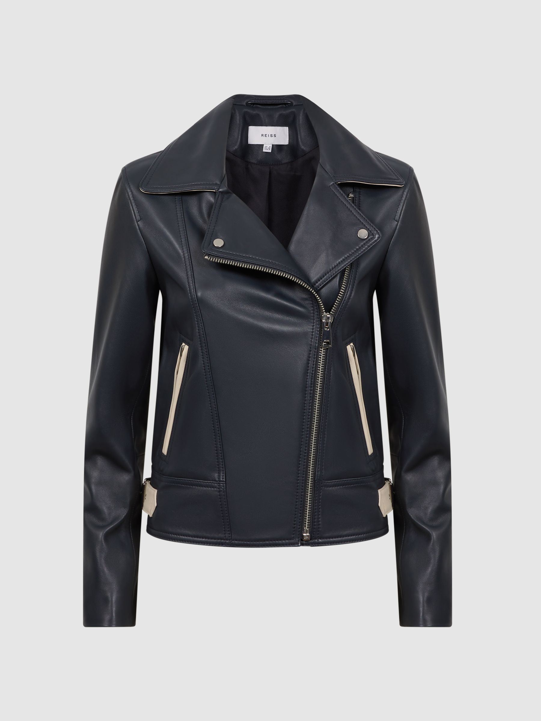 Leather Zip-Through Biker Jacket in Navy - Image 2 of 5