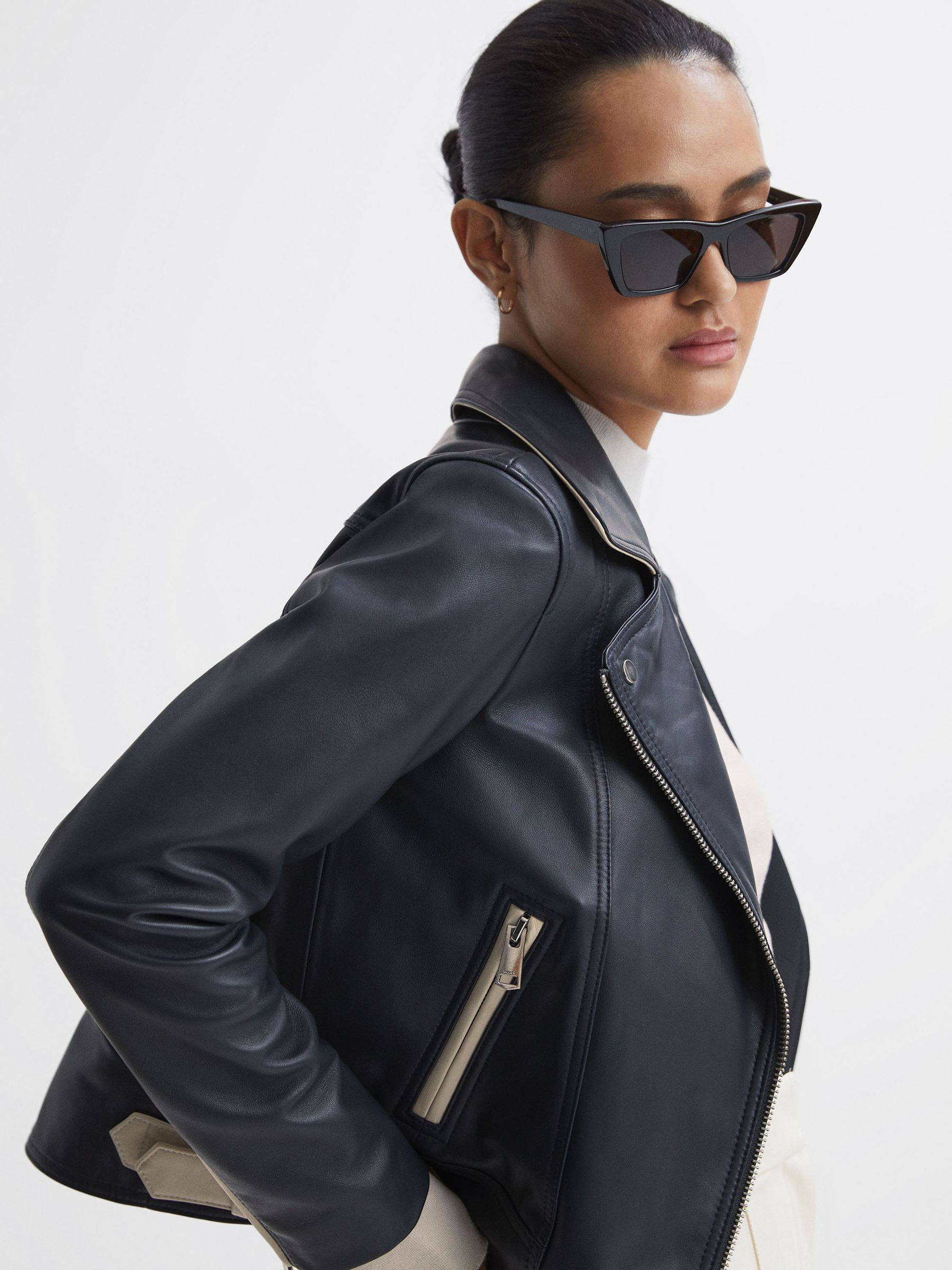 Leather Zip-Through Biker Jacket in Navy - Image 3 of 5