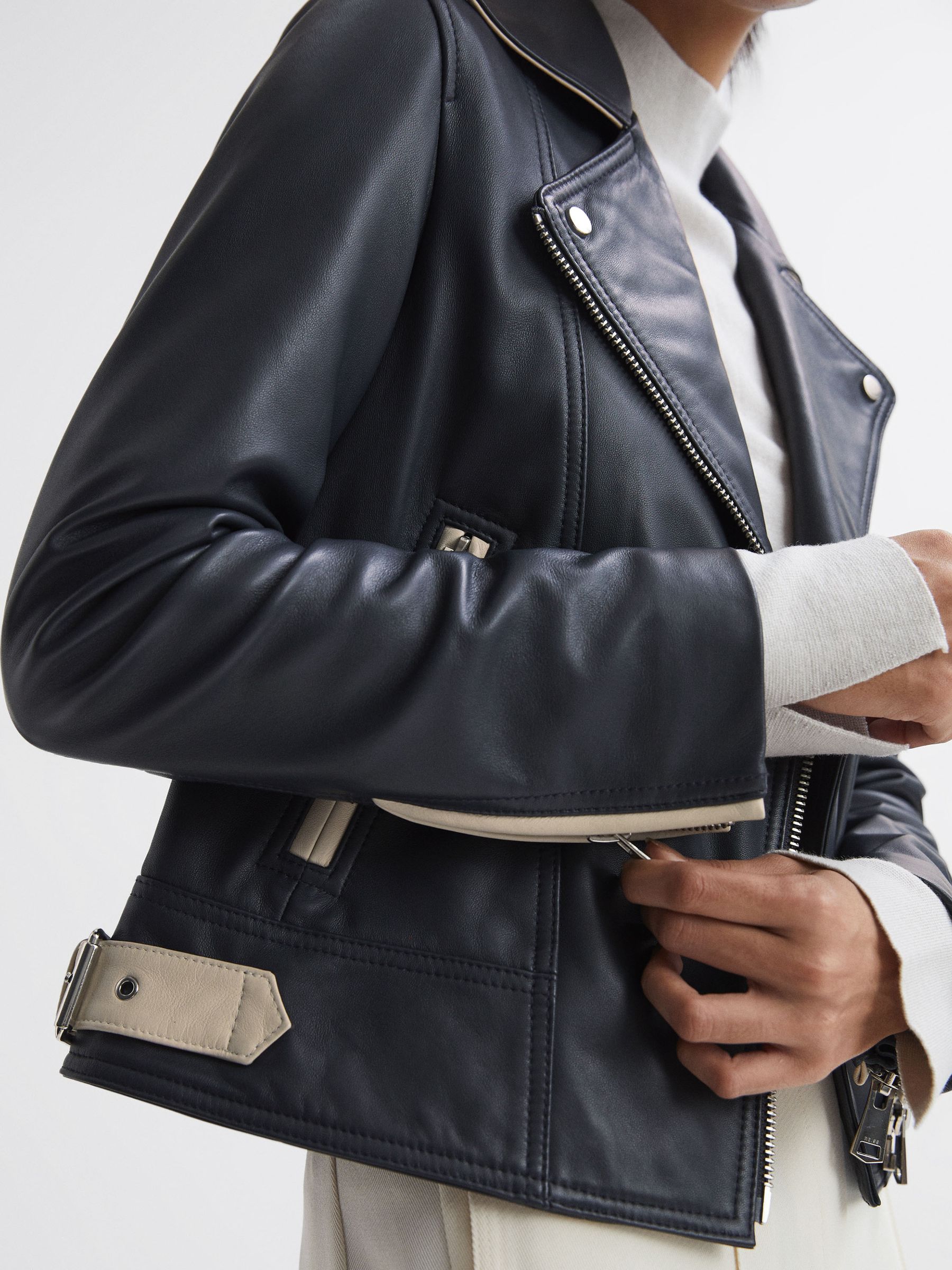 Leather Zip-Through Biker Jacket in Navy - Image 4 of 5