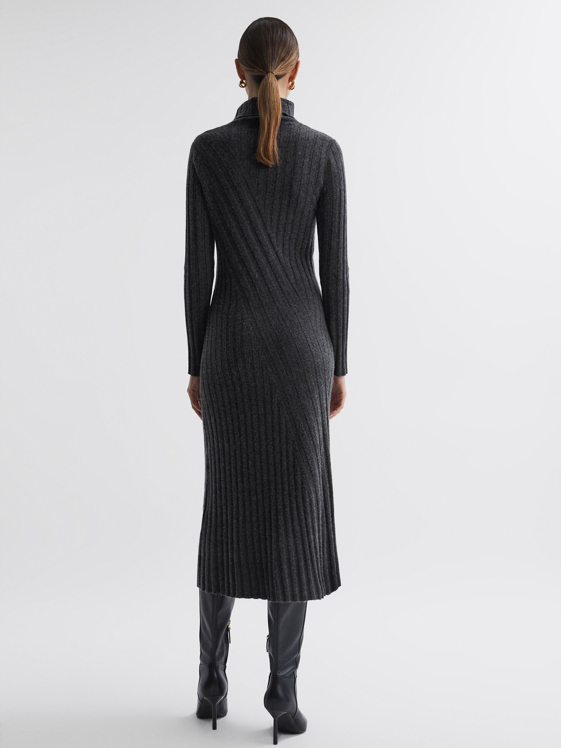 Petite Knitted Roll Neck Midi Dress in Charcoal - Image 6 of 7