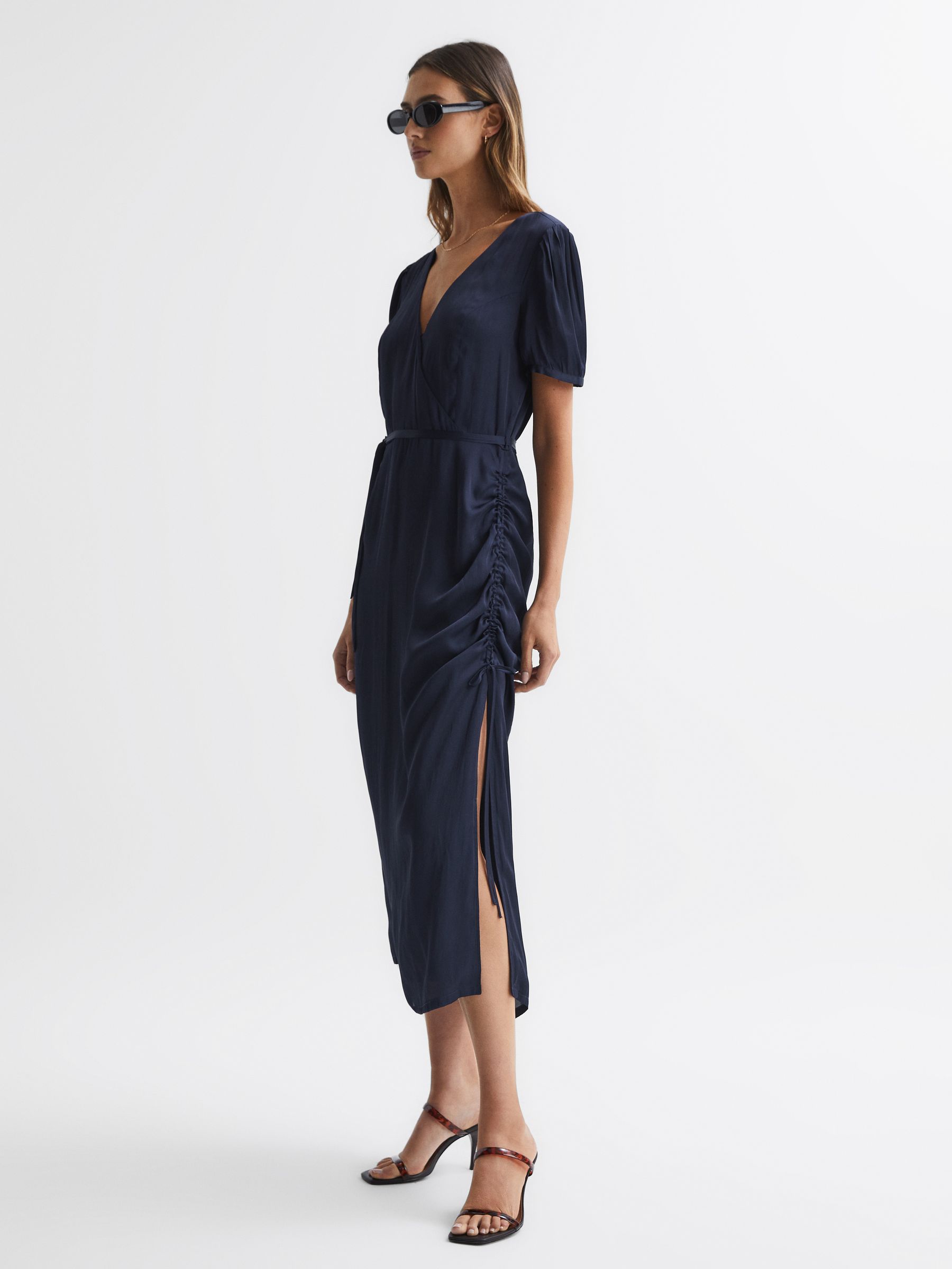 Paige V-Neck Belted Midi Dress in Dark Galaxy - Image 1 of 5