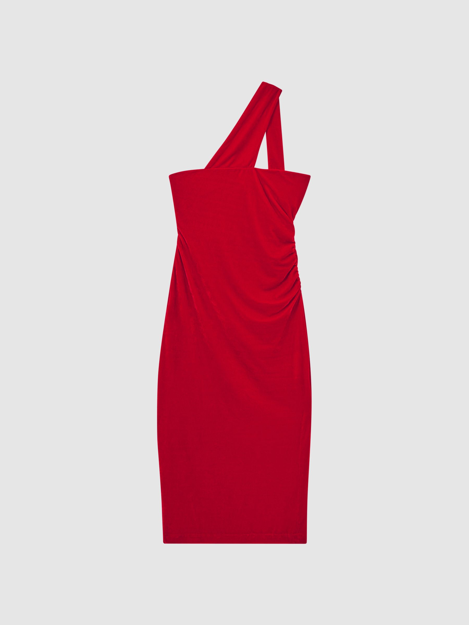 Velvet One-Shoulder Midi Dress in Red - Image 2 of 4