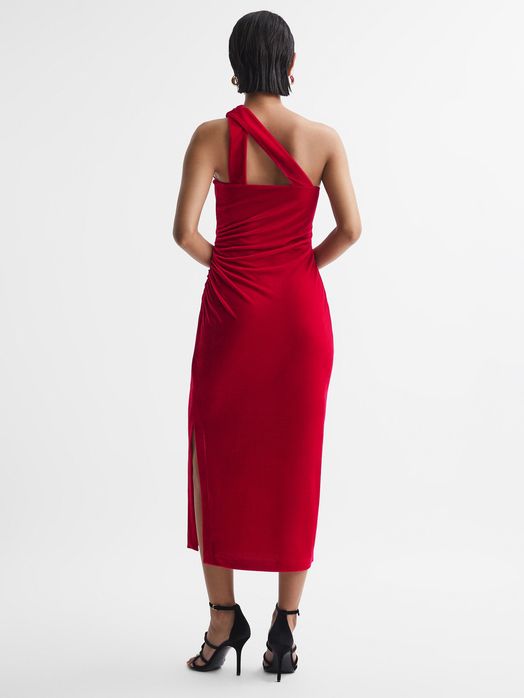 Velvet One-Shoulder Midi Dress in Red - Image 4 of 4