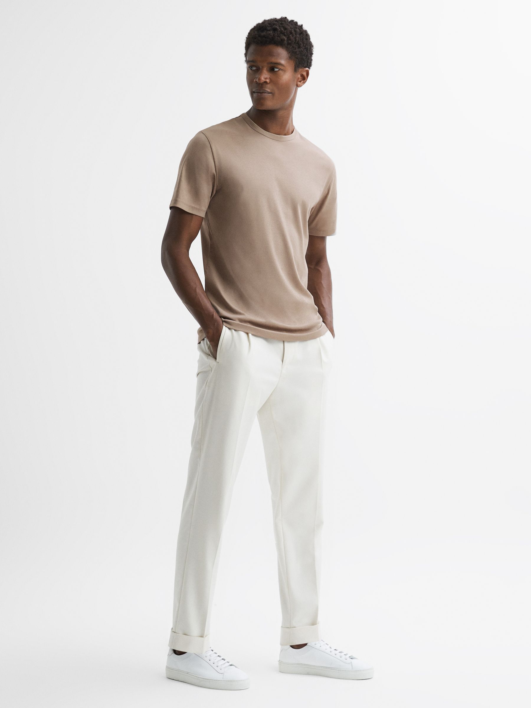 Mercerised Cotton Crew Neck T-Shirt in Mink - Image 4 of 5