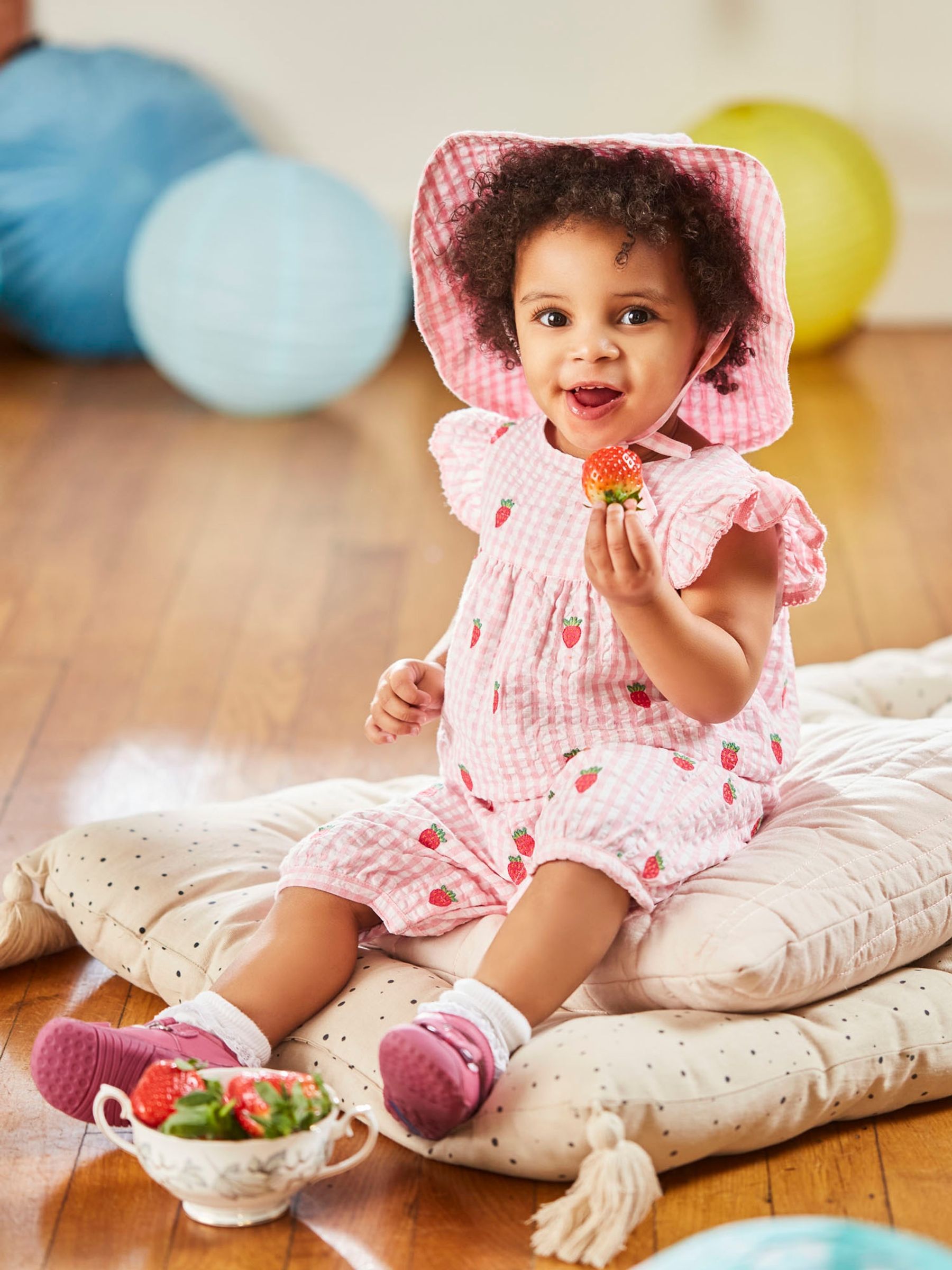 Pink Gingham Strawberry Embroidered Pretty Sunsuit - Image 1 of 5