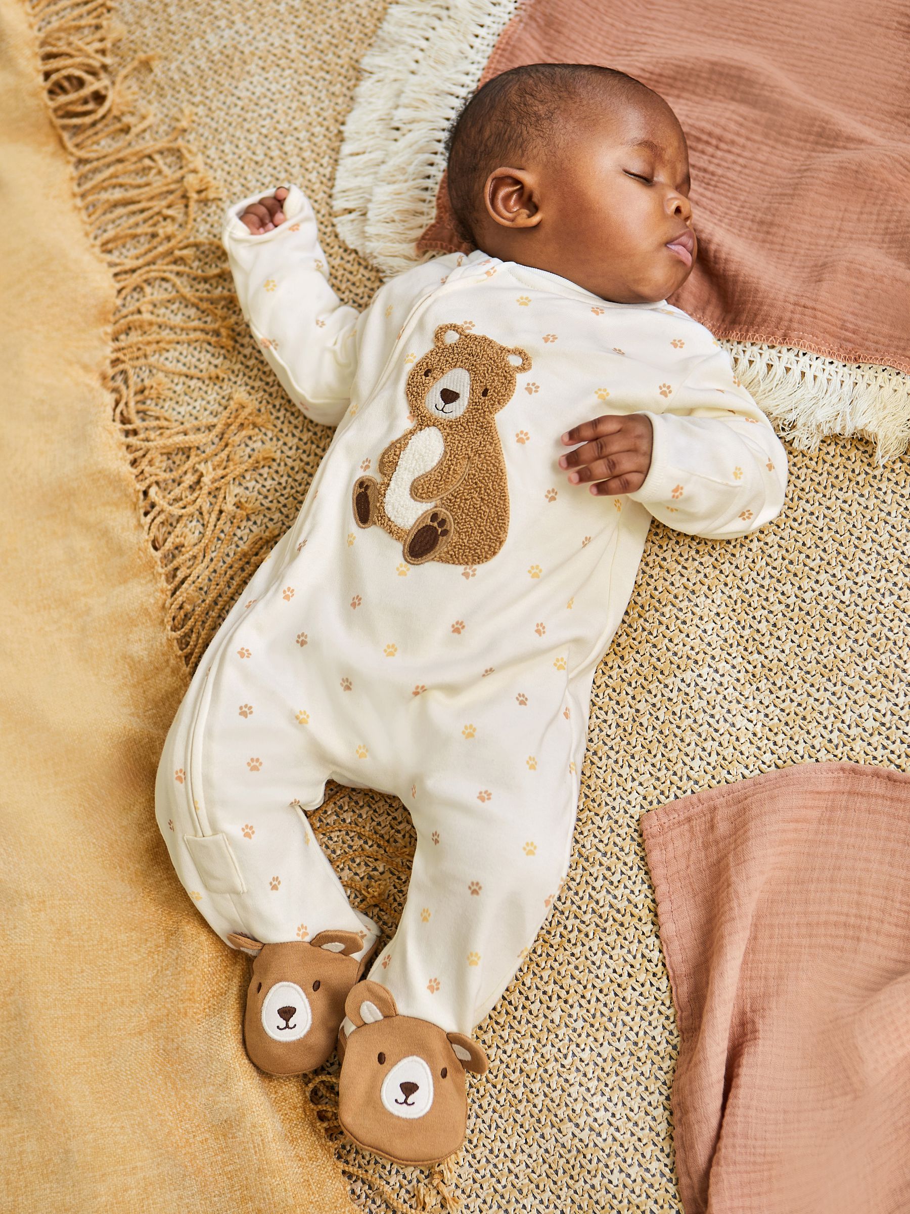 Cream Bear Appliqué Zip Cotton Baby Sleepsuit - Image 1 of 8