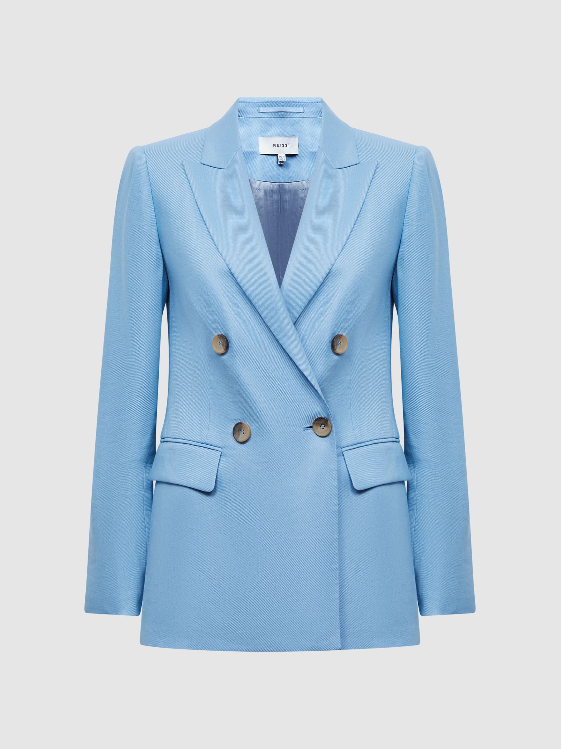 Double Breasted Linen Blazer in Blue - Image 2 of 7
