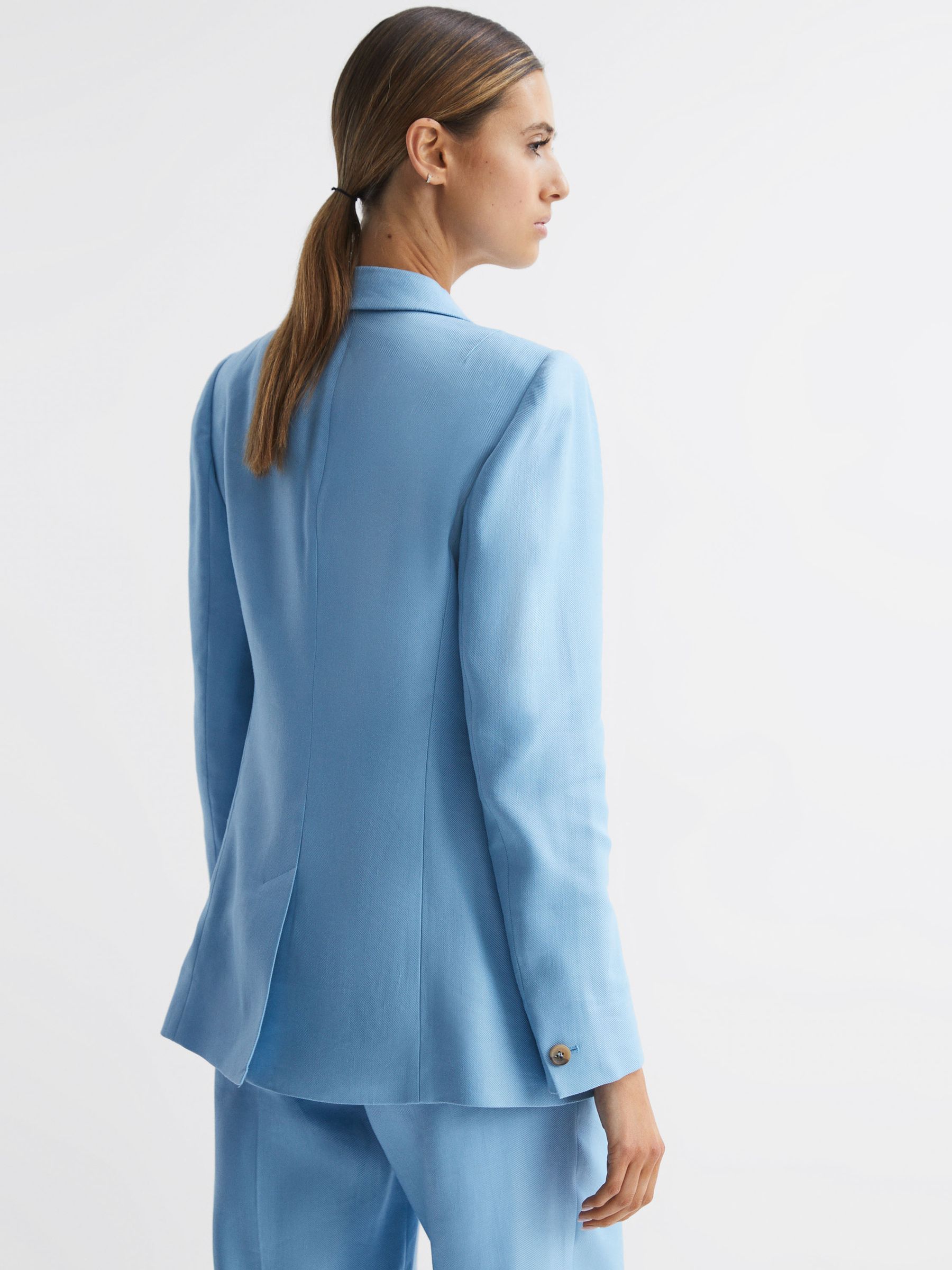 Double Breasted Linen Blazer in Blue - Image 5 of 7