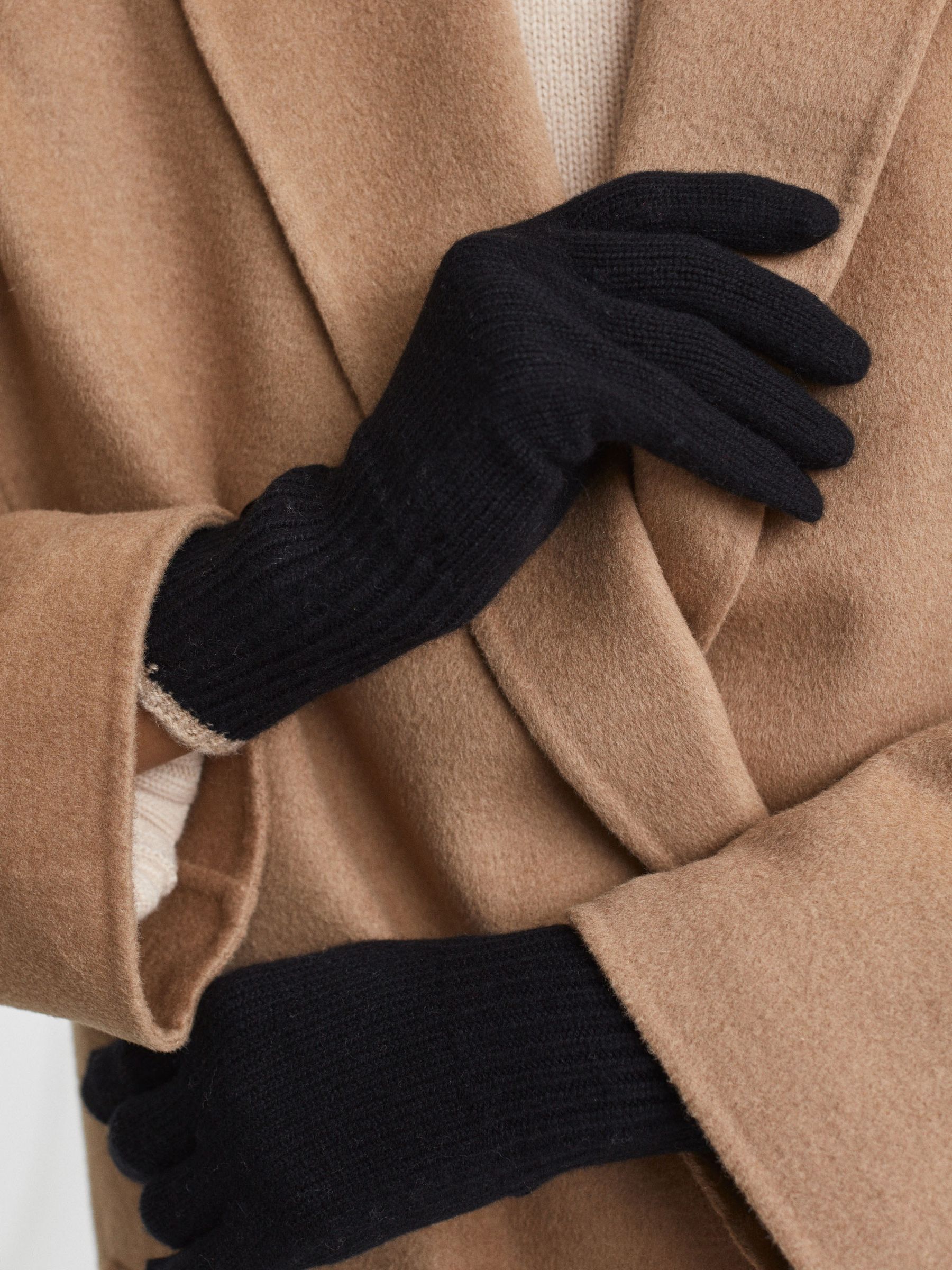 Wool Blend Contrast Trim Gloves in Black/Camel - Image 2 of 3