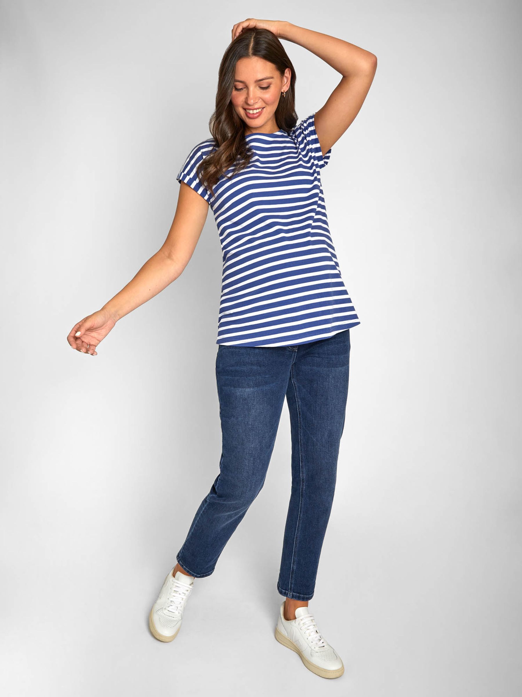 Blue White Stripe Boyfriend Cotton Maternity T-Shirt - Image 1 of 6