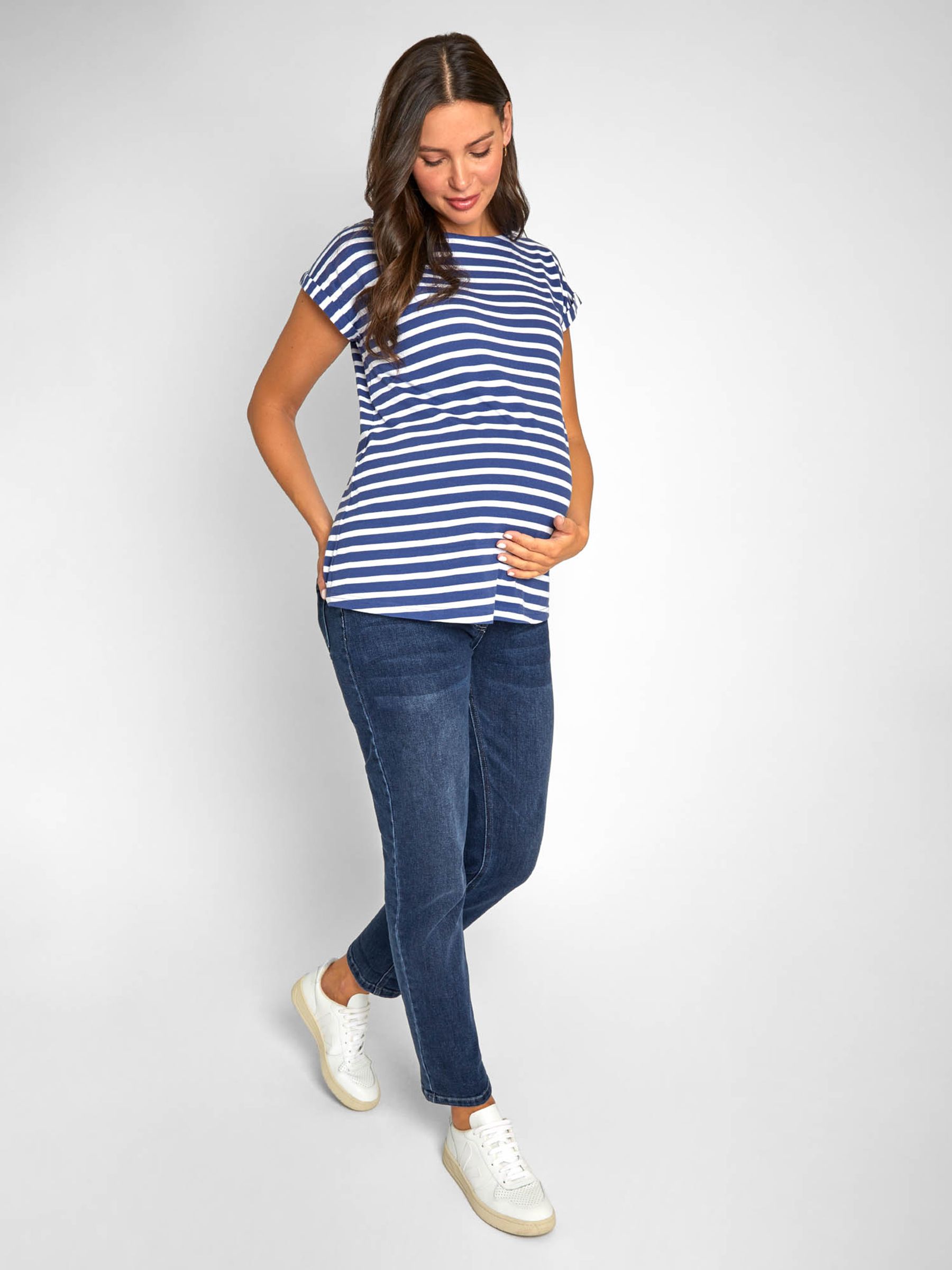 Blue White Stripe Boyfriend Cotton Maternity T-Shirt - Image 2 of 6