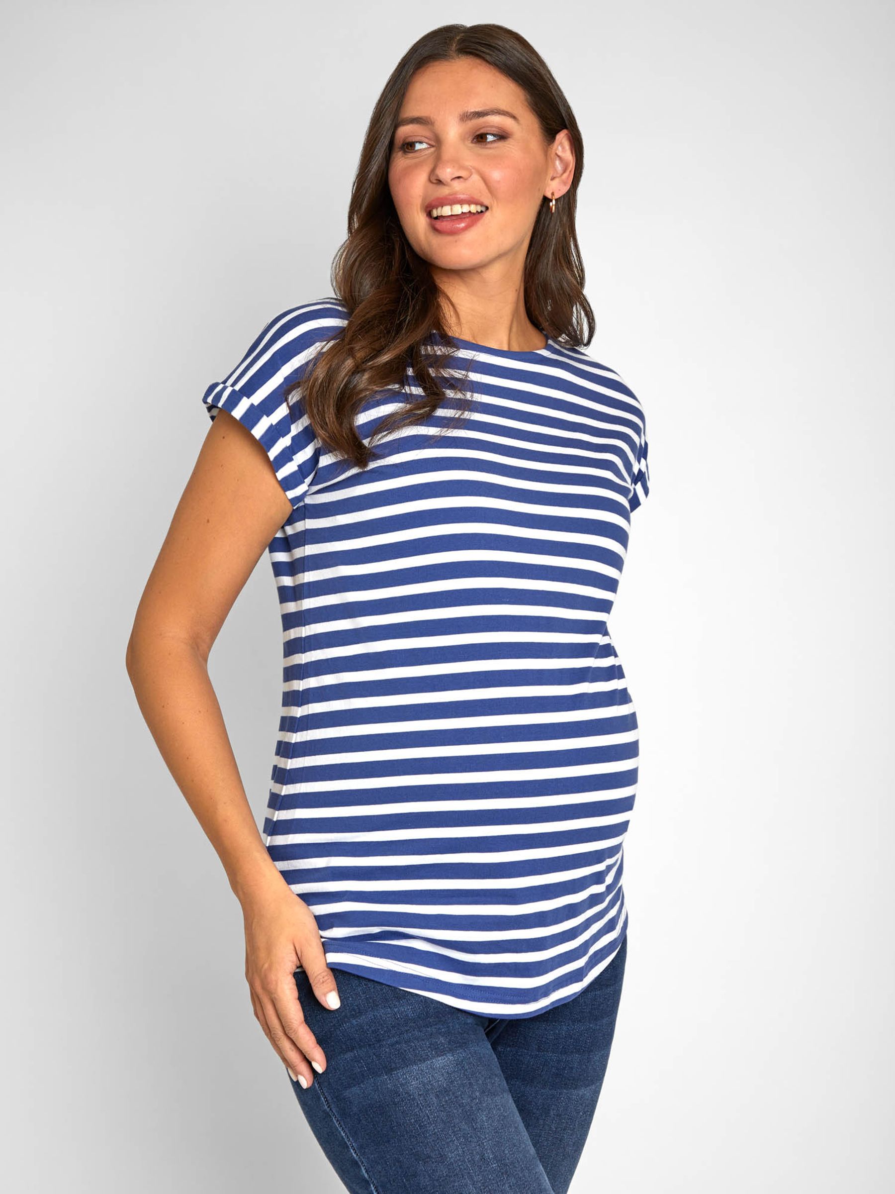Blue White Stripe Boyfriend Cotton Maternity T-Shirt - Image 4 of 6